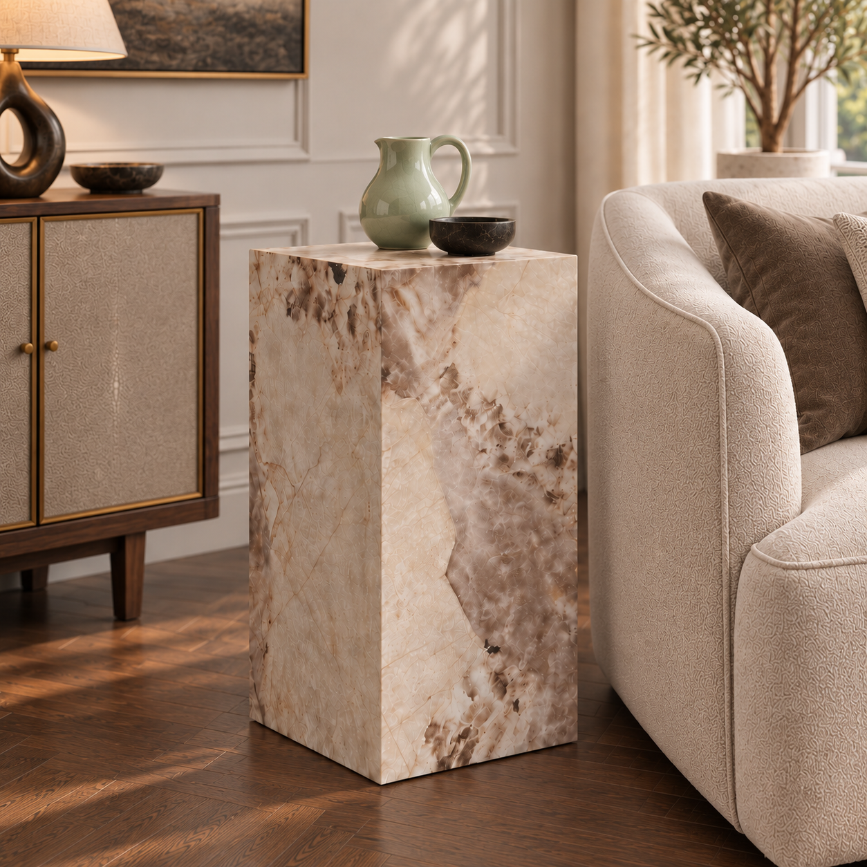 Sur Pandora Marble 66cm Pedestal Side Table in a styled living room