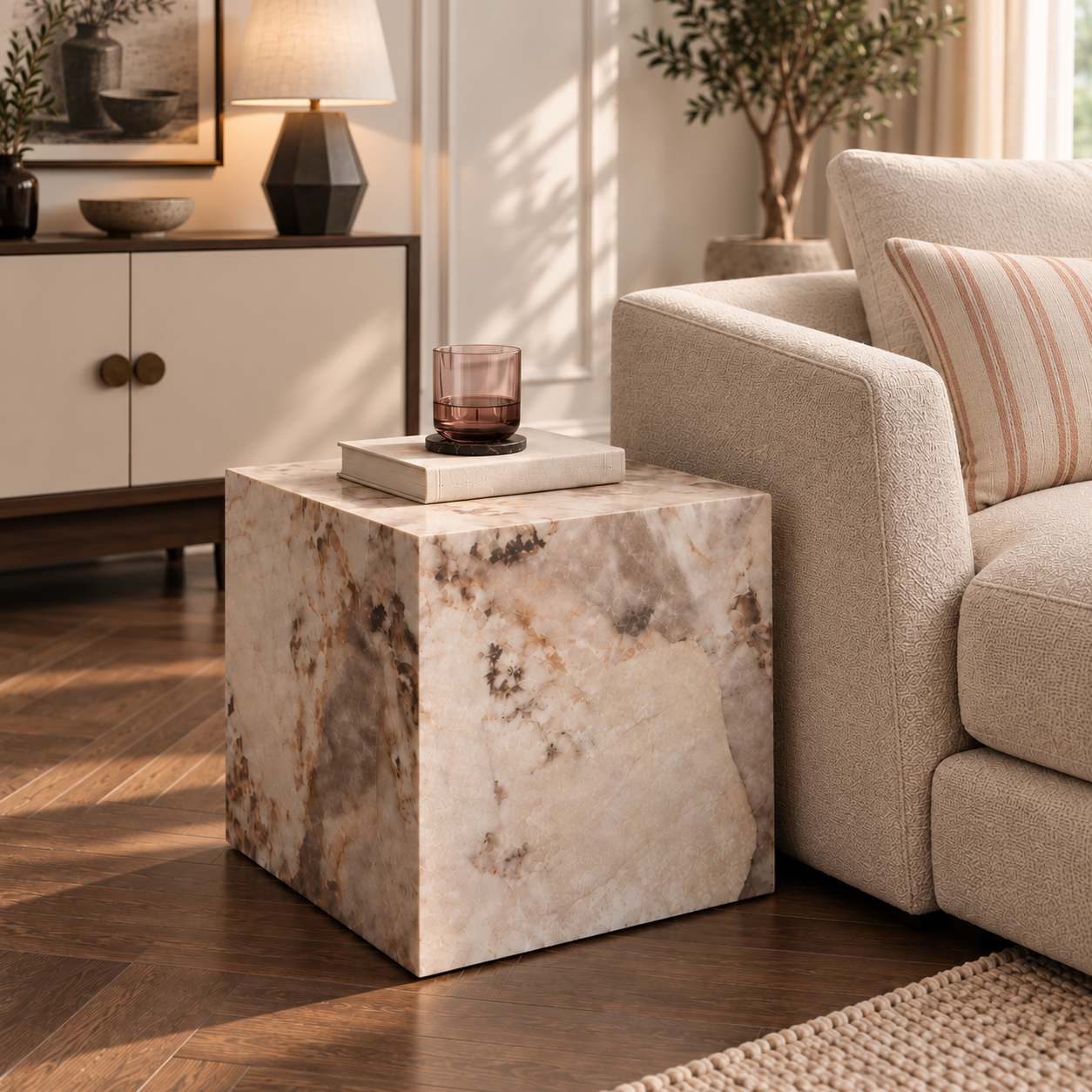 Sur Pandora Marble Square Cube Side Table in a styled living room