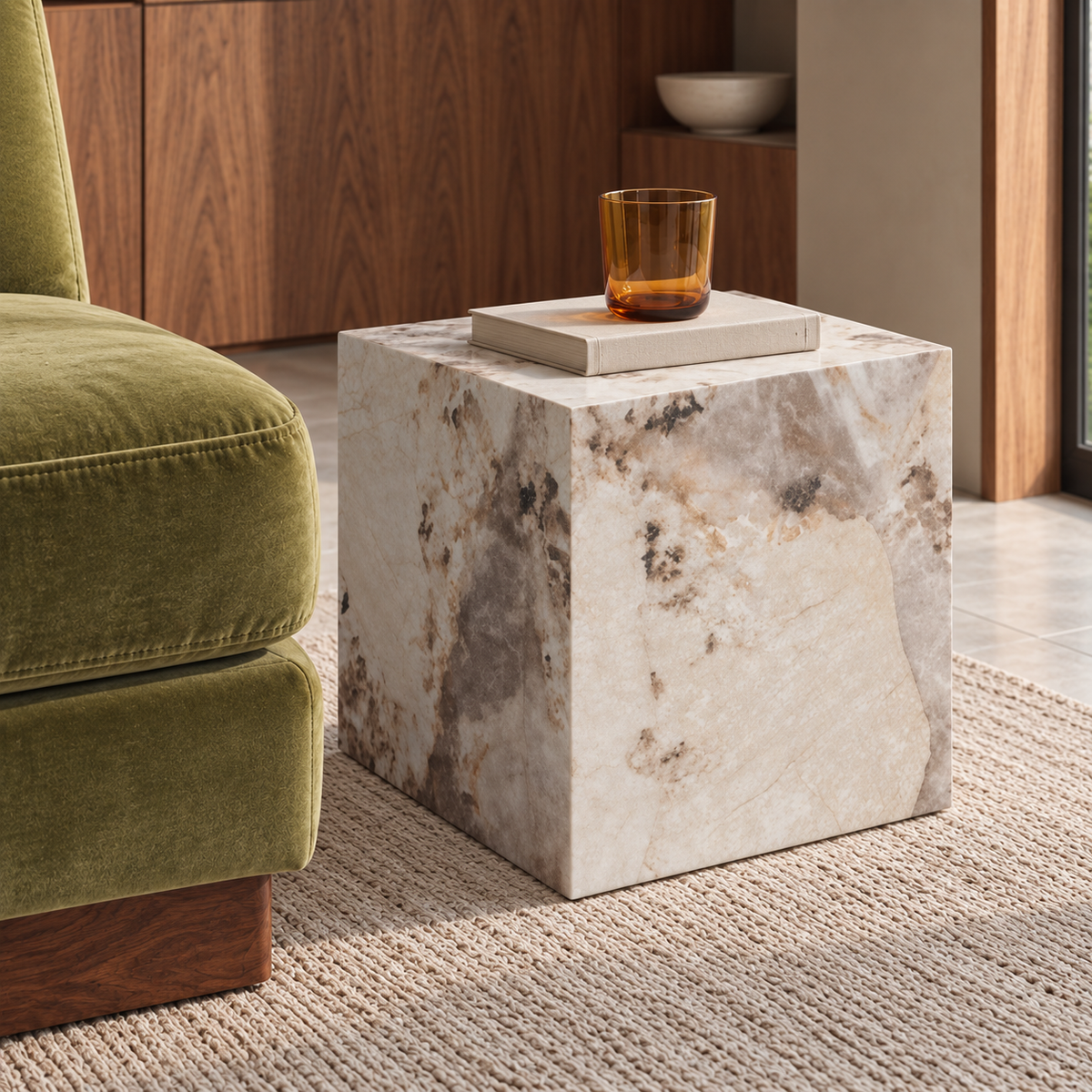 SURPANSTB Pandora marble-effect table in an olive and walnut living room