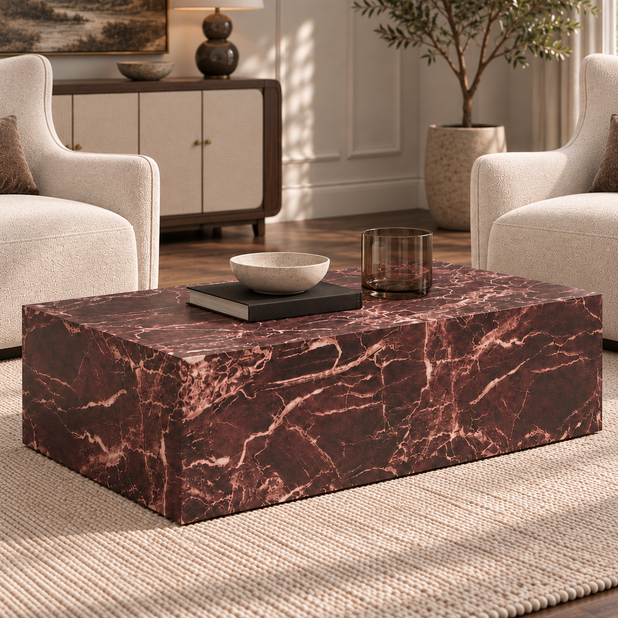 Sur Rosso Levanto Red Marble Coffee Table in a styled living room