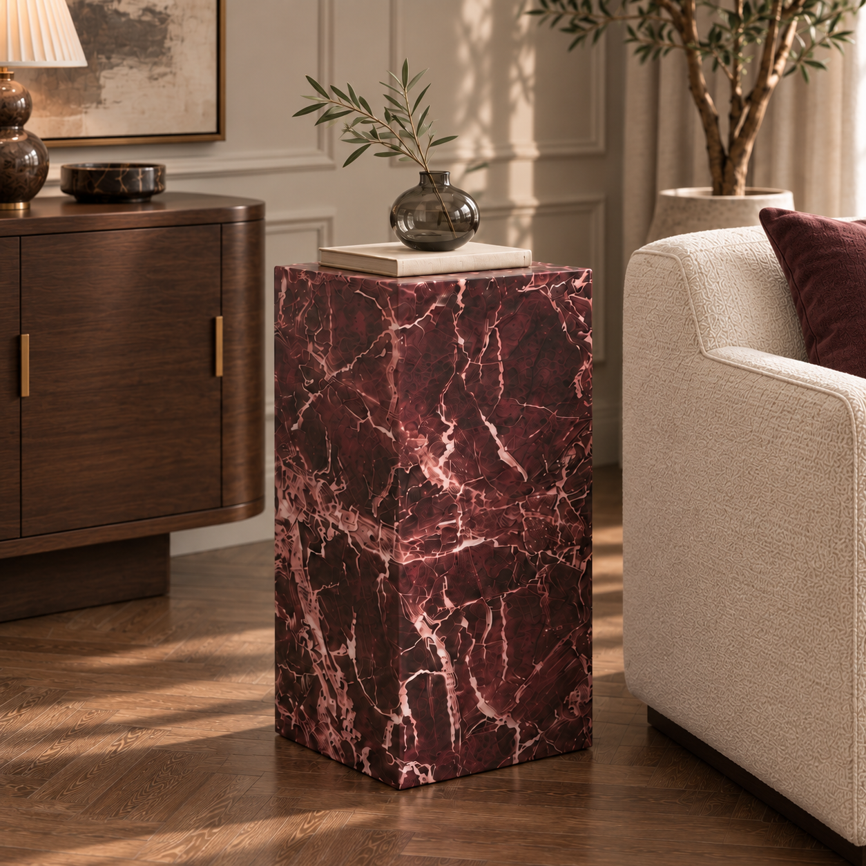 Sur Rosso Levanto Red Marble  Small Pedestal in a styled living room