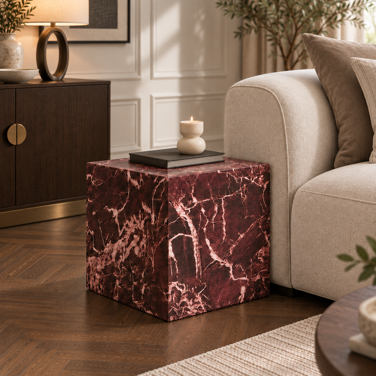 Sur Rosso Levanto Red Marble Cube Side Table in a styled living room