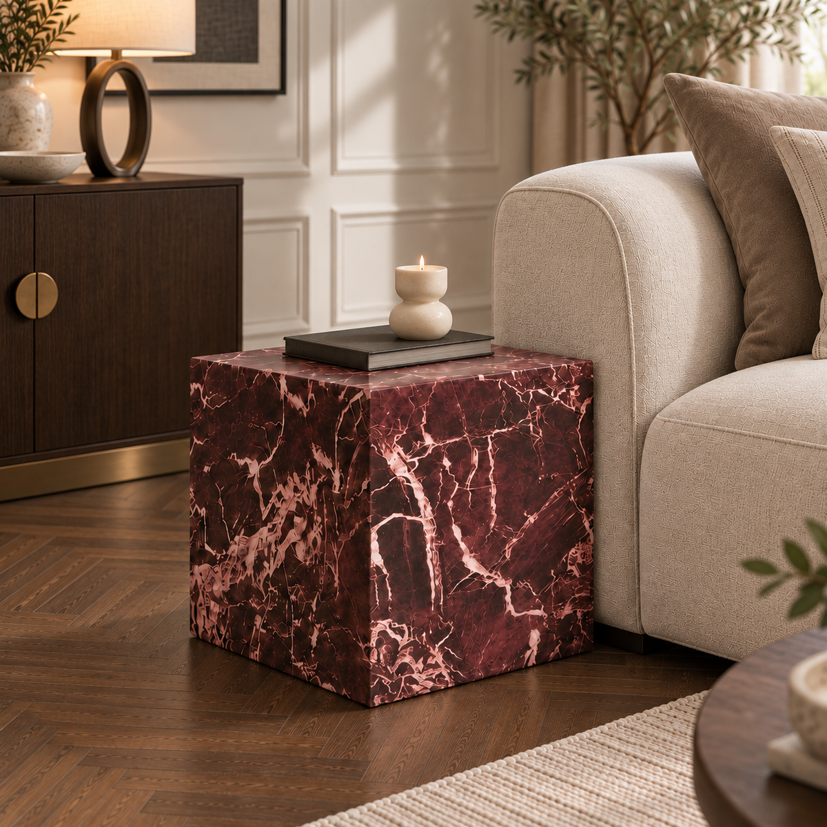 Sur Rosso Levanto Red Marble Cube Side Table in a styled living room