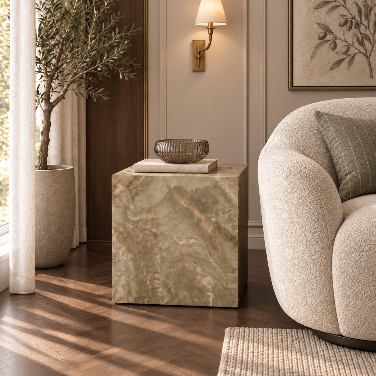 Sur Green Marble Side Table in a styled living room