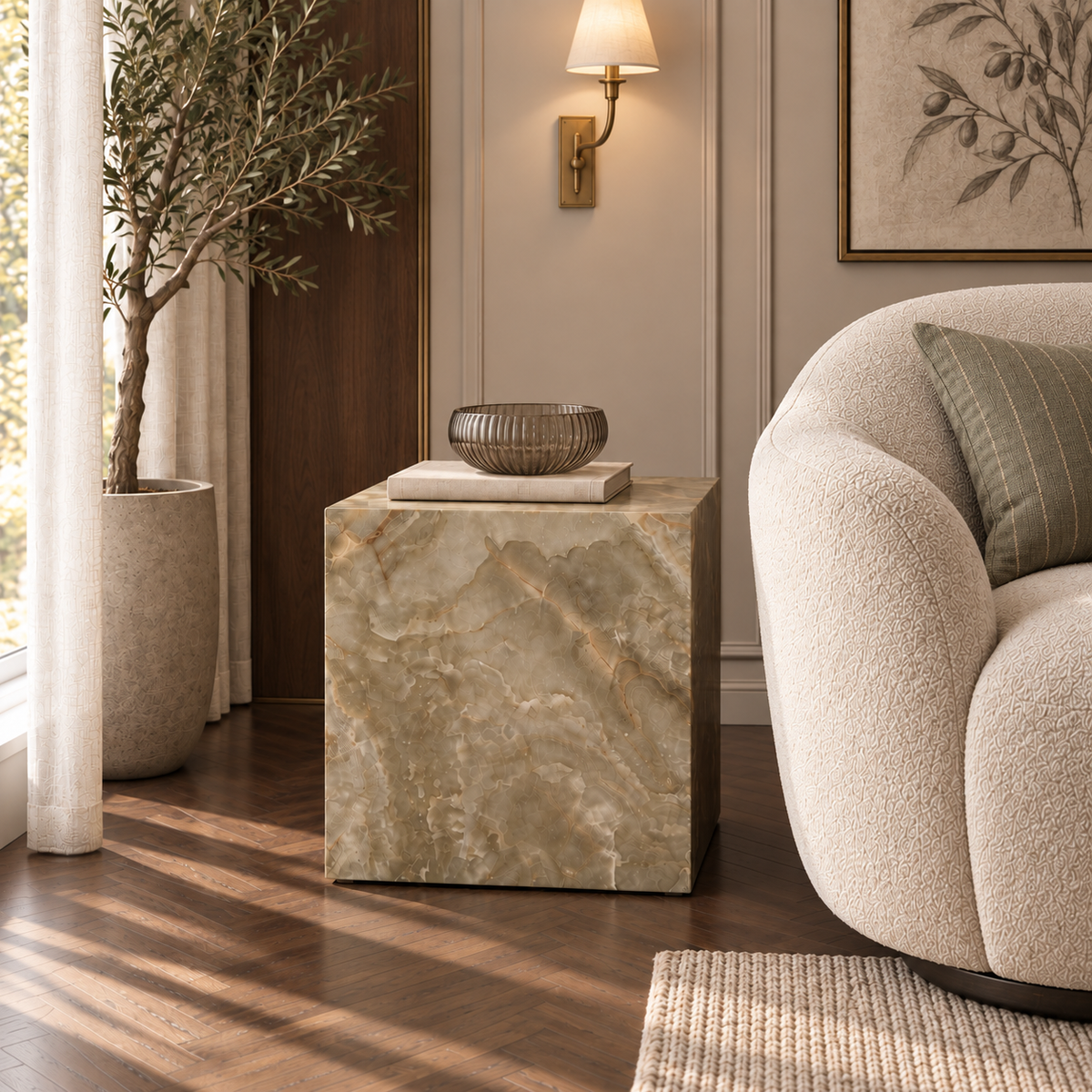 Sur Green Marble Side Table in a styled living room