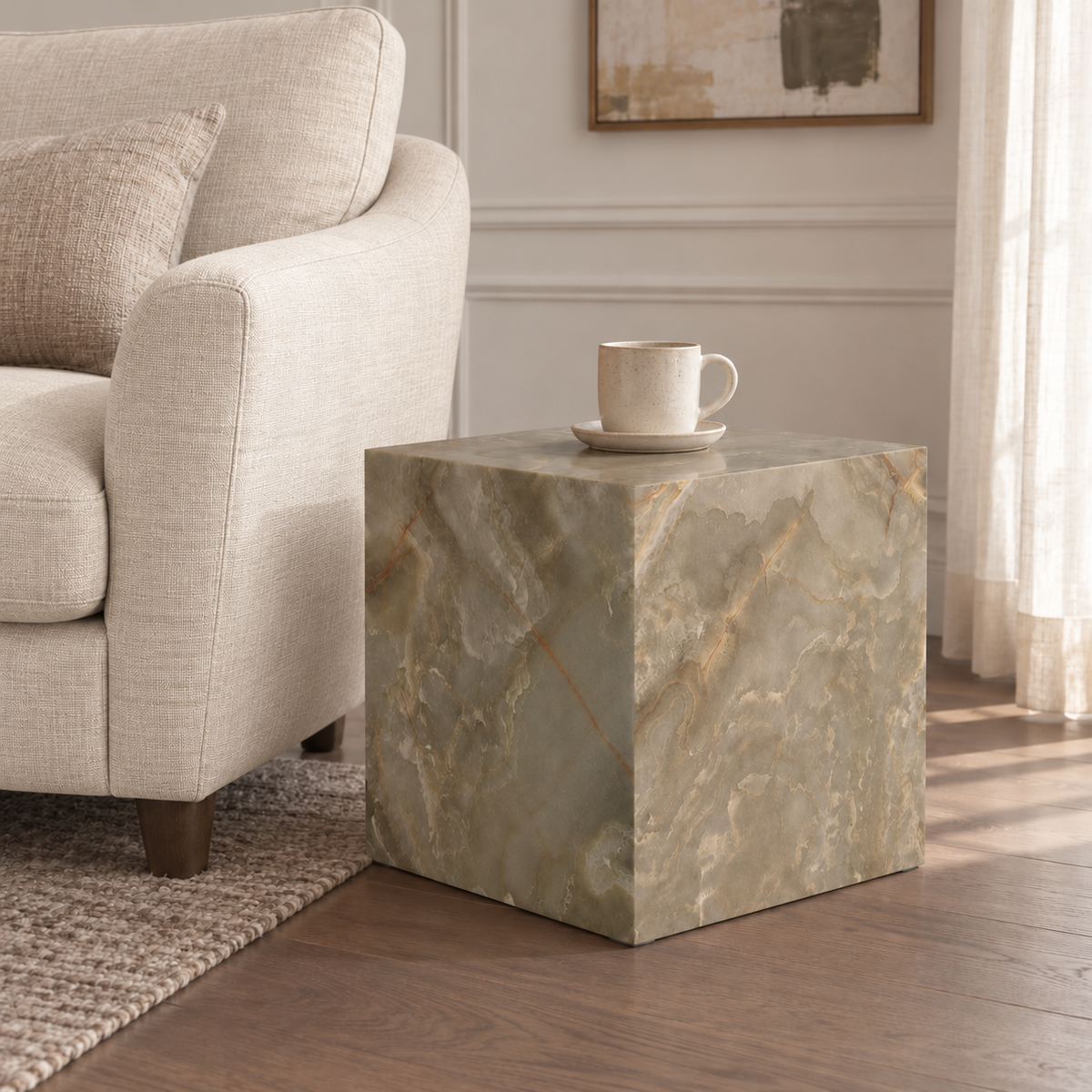 Sur Green Marble Side Table with warm neutral linen seating