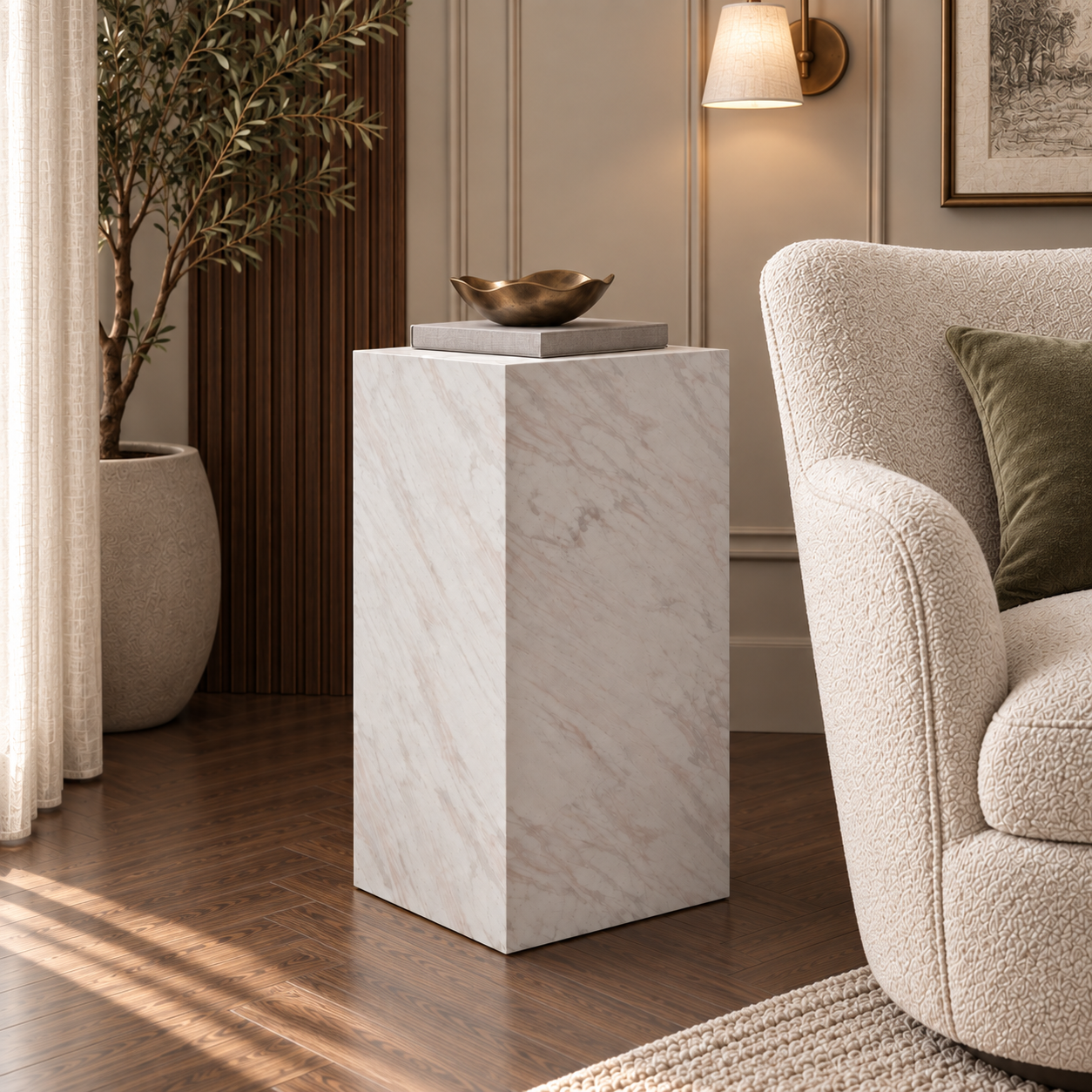 Sur White Marble 66cm Pedestal Side Table in a styled living room