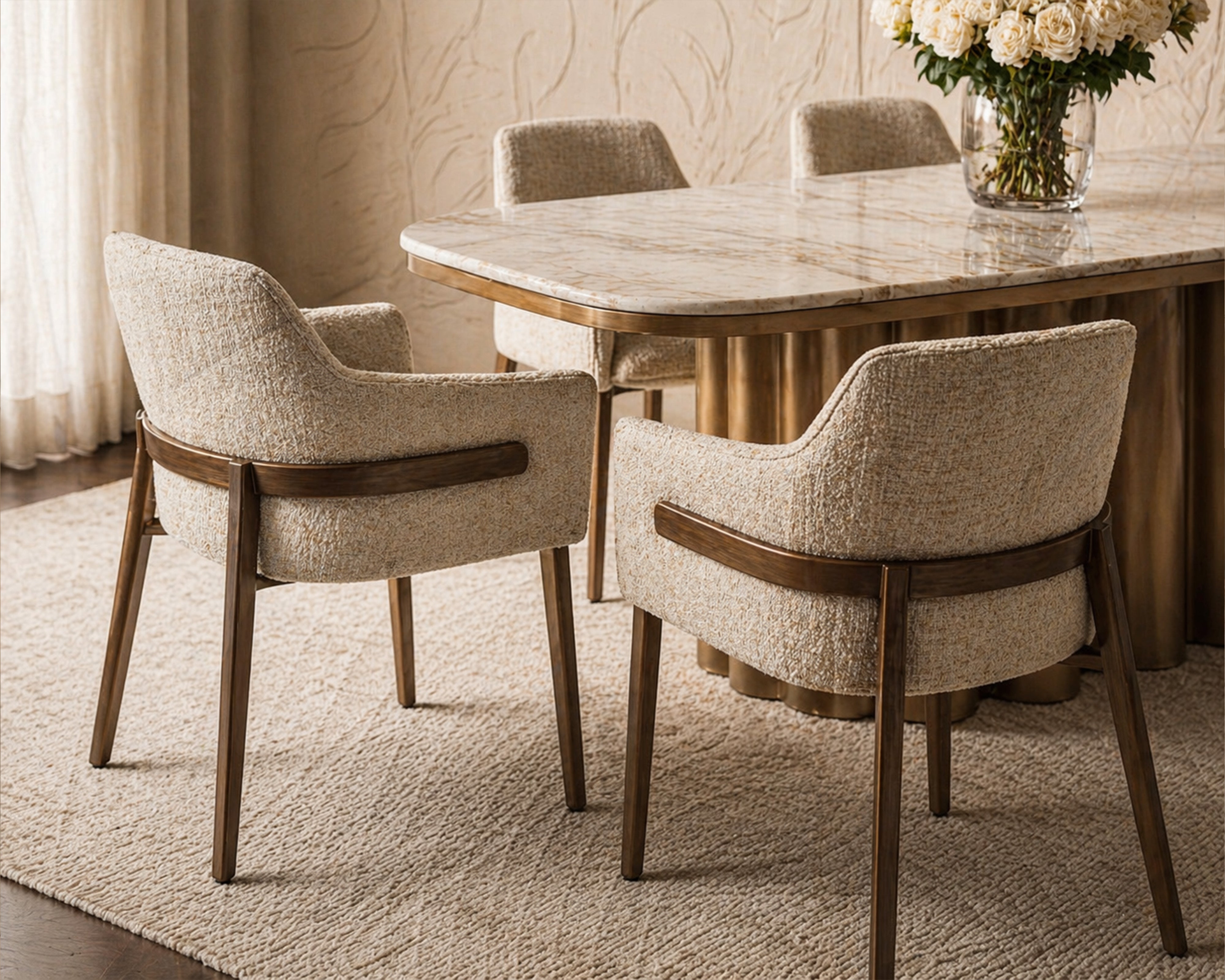 Tessa Dining Chair set of 2 -  Field Beige Fabric & Hairline Antique Brass