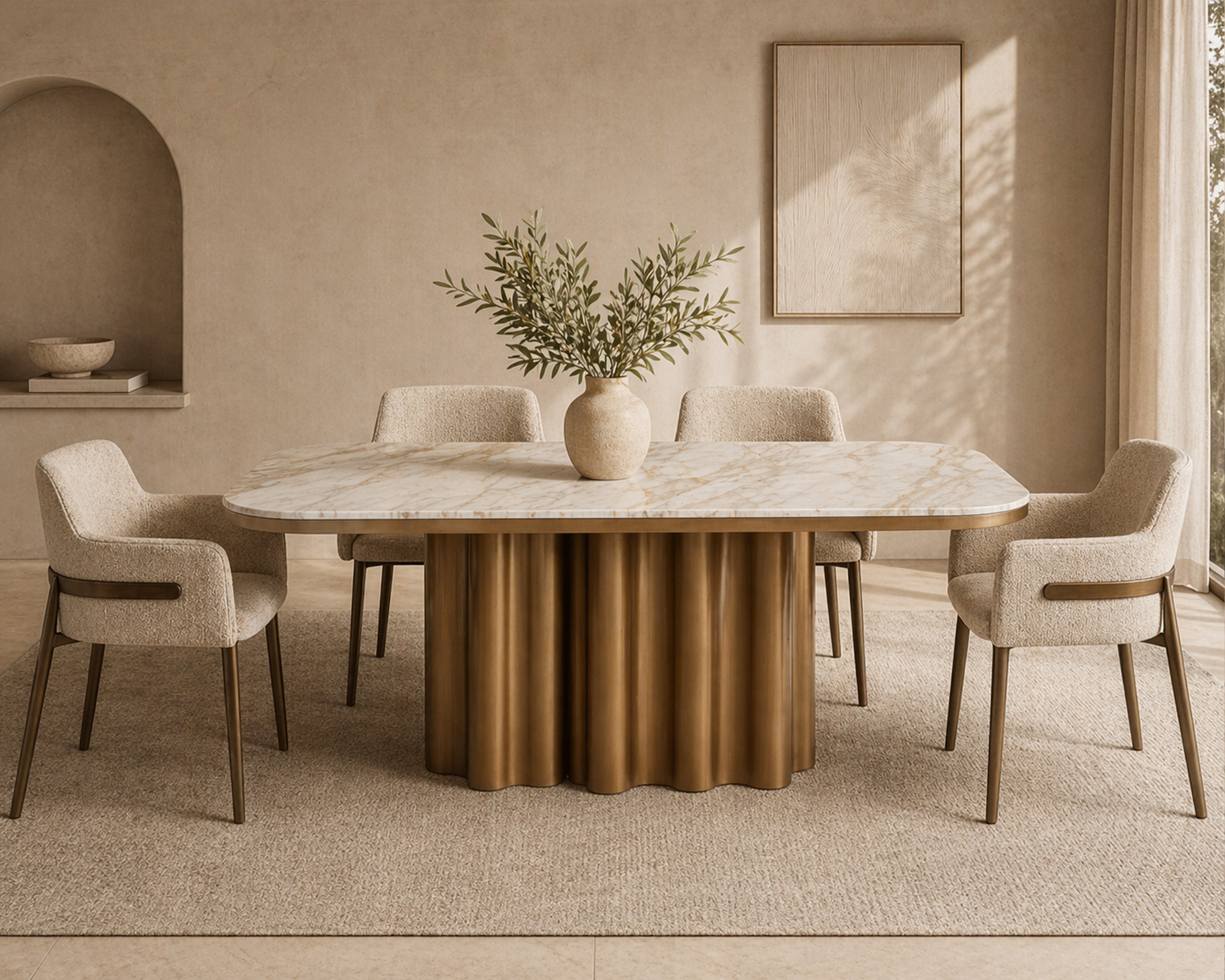 Tessa Dining Chair set of 2 -  Field Beige Fabric & Hairline Antique Brass