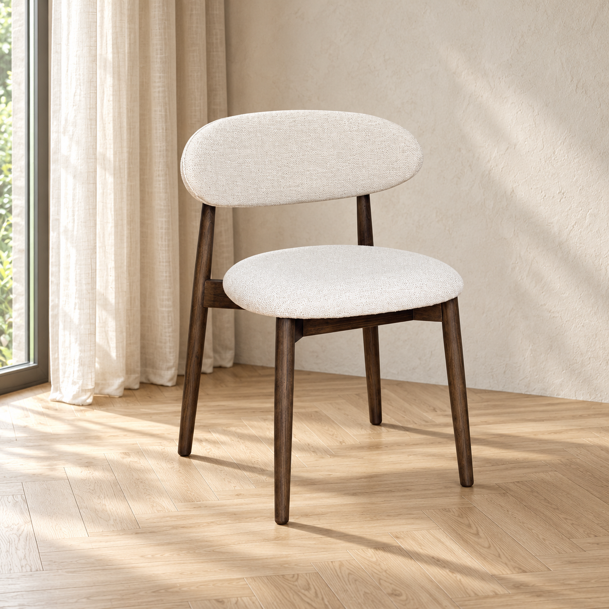 Elin Cream Boucle Oak Dining Chair - Dark Leg in a softly lit neutral interior