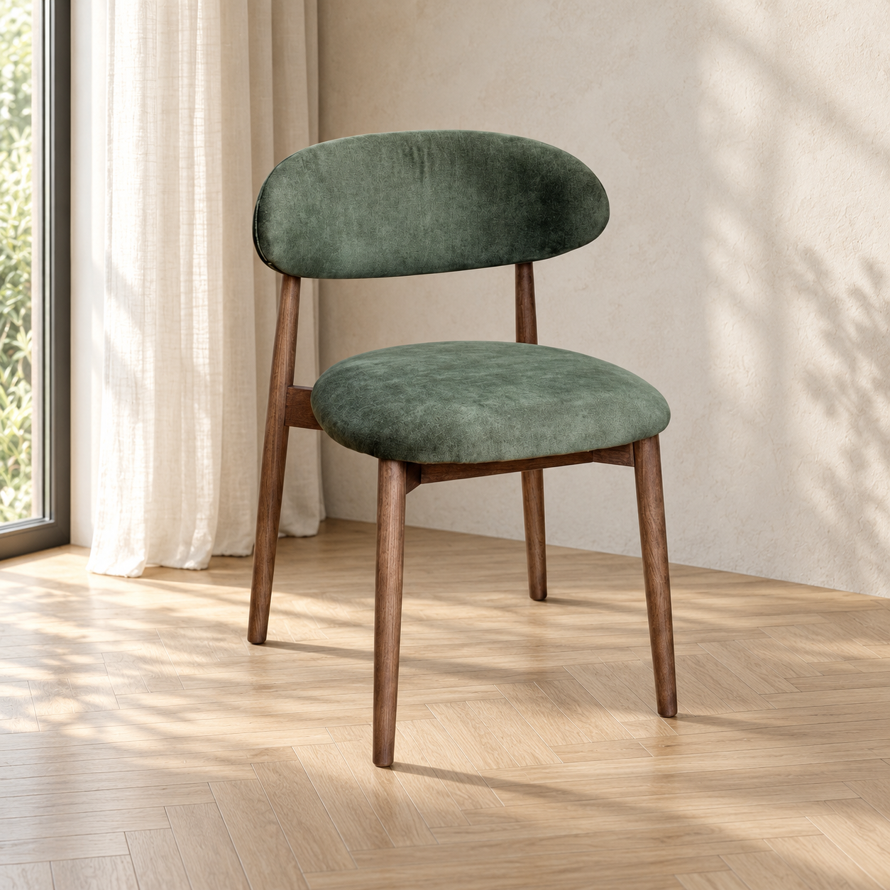 Elin Green Velvet Oak Dining Chair - Dark Leg in a softly lit neutral interior