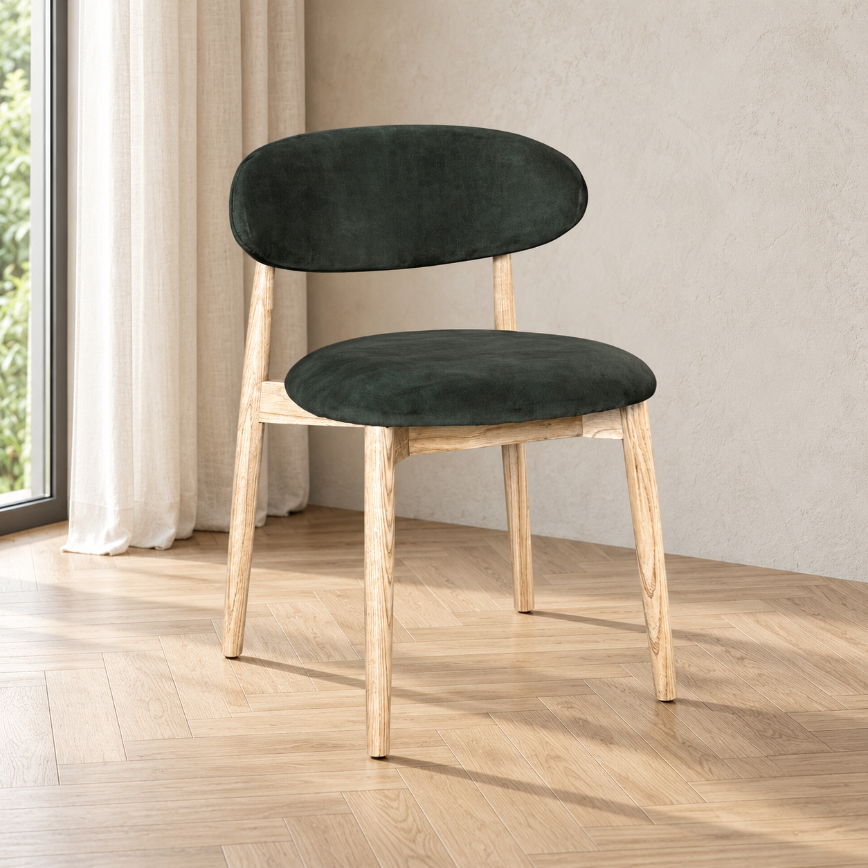 Elin Green Velvet Oak Dining Chair - Light Leg in a softly lit neutral interior