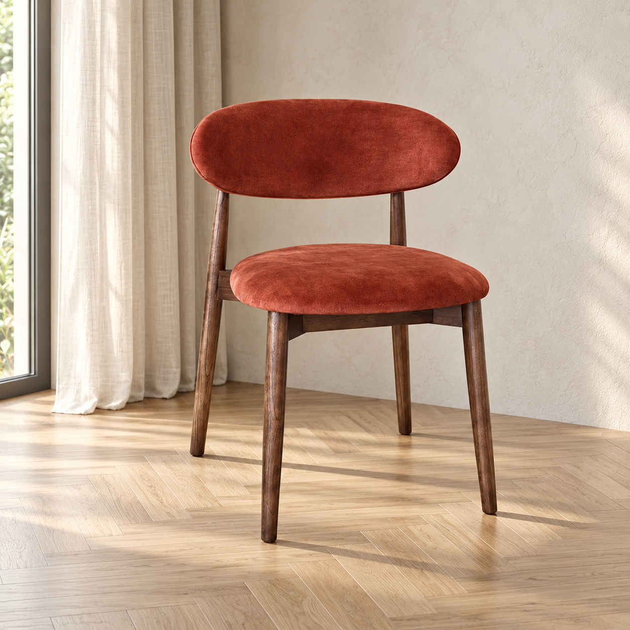 Elin Orange/Rust Velvet Oak Dining Chair - Dark Leg in a softly lit neutral interior