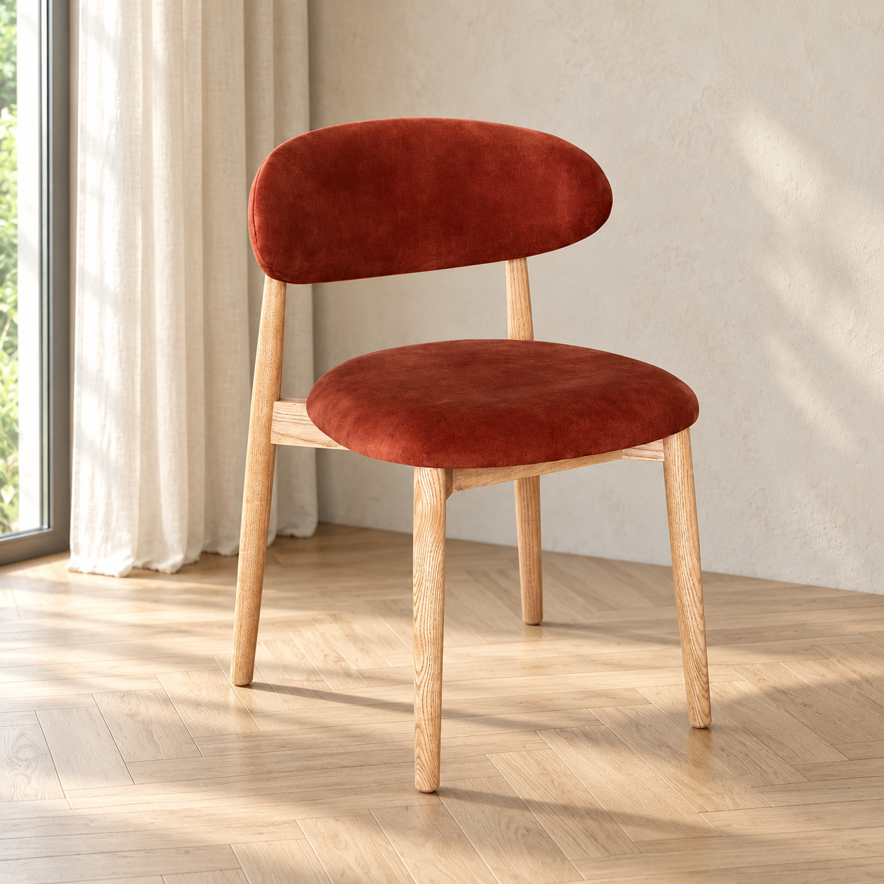 Elin Orange Rust Velvet Oak Dining Chair - Light Leg in a softly lit neutral interior
