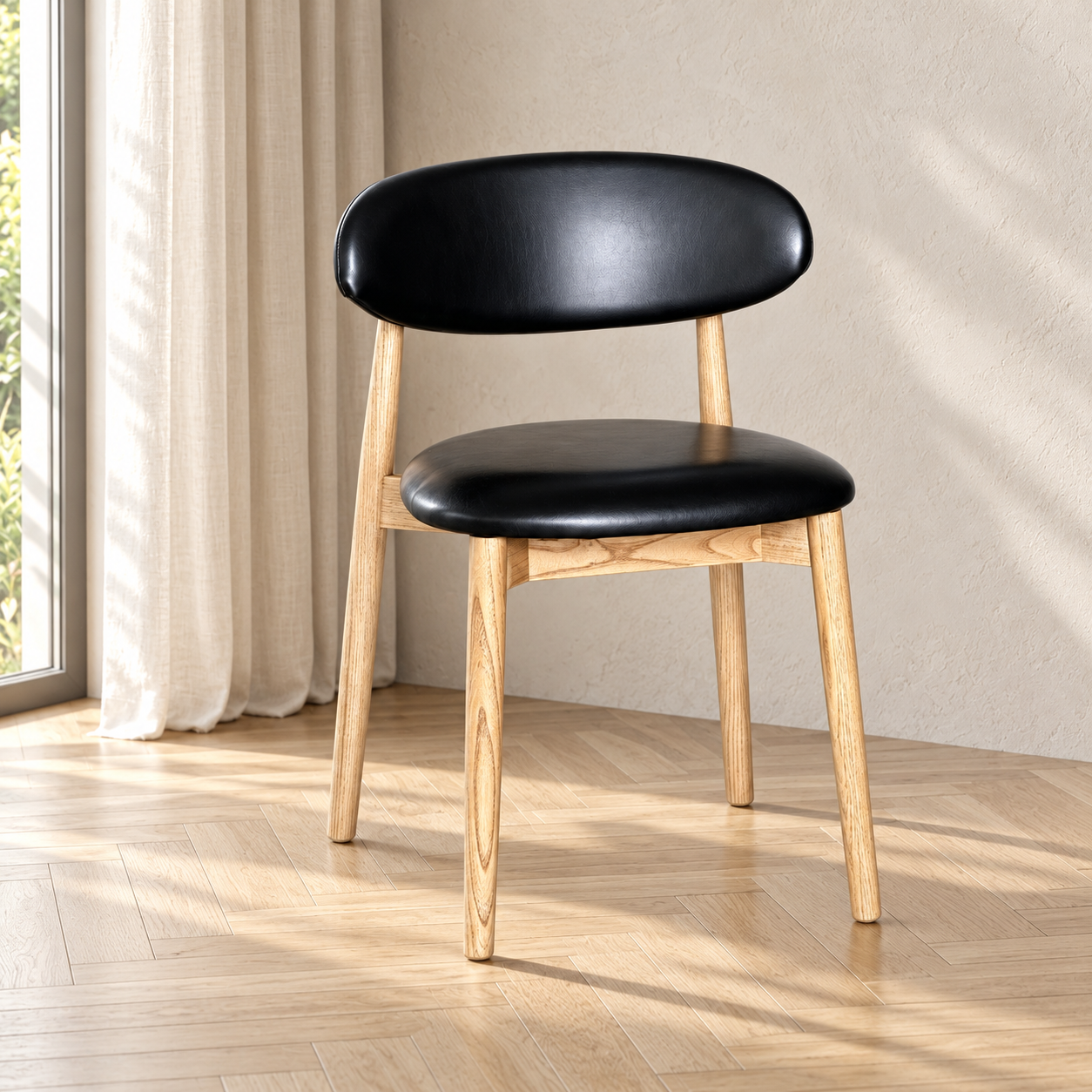 Elin Black Faux Leather Oak Dining Chair (Light Leg) in a softly lit neutral interior