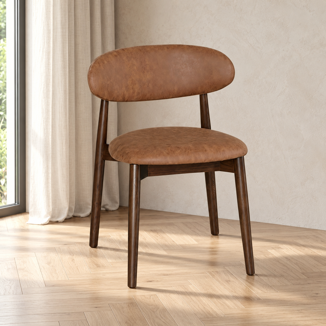 Elin Tan Faux Leather Oak Dining Chair (Dark Leg) in a softly lit neutral interior