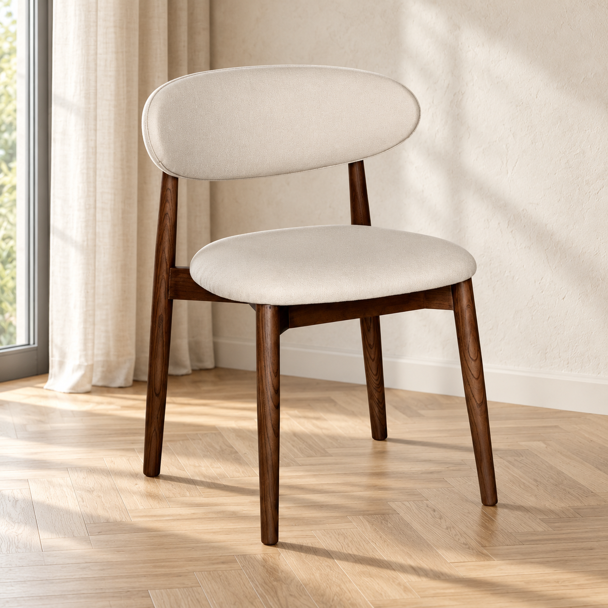 Elin Latte Fabric Dark Oak Leg Dining Chair in a softly lit neutral interior