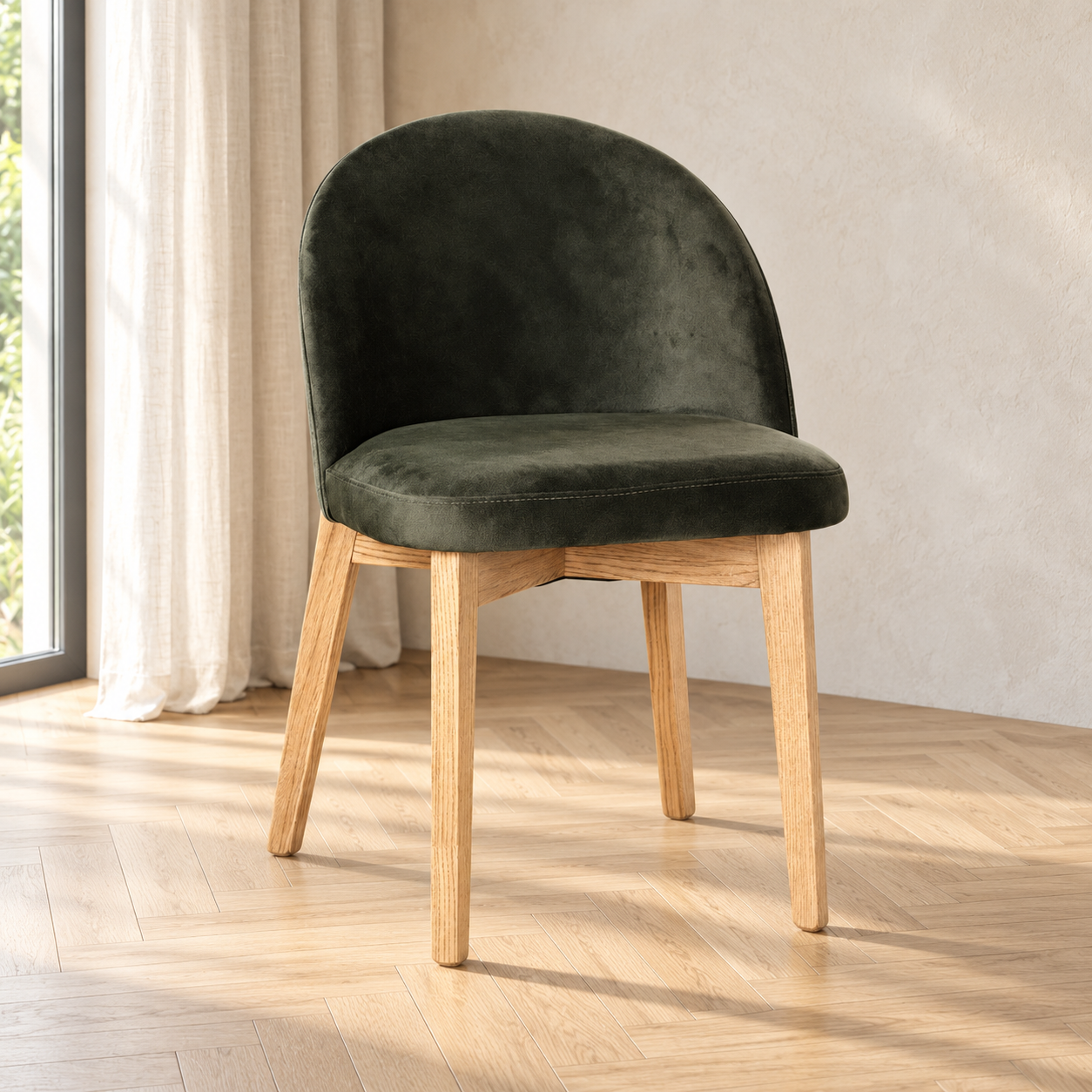 Luma Green Velvet Light Oak Leg Dining Chair (Crib 5) in a softly lit neutral interior