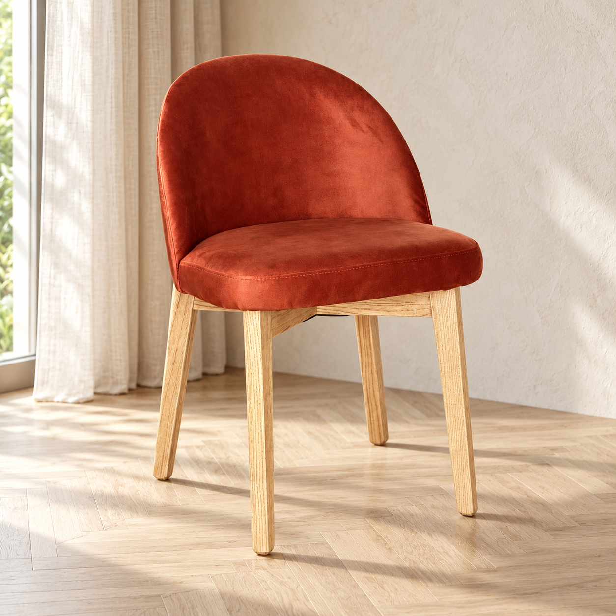 Luma Orange Rust Velvet Light Oak Leg Dining Chair (Crib 5) in a softly lit neutral interior