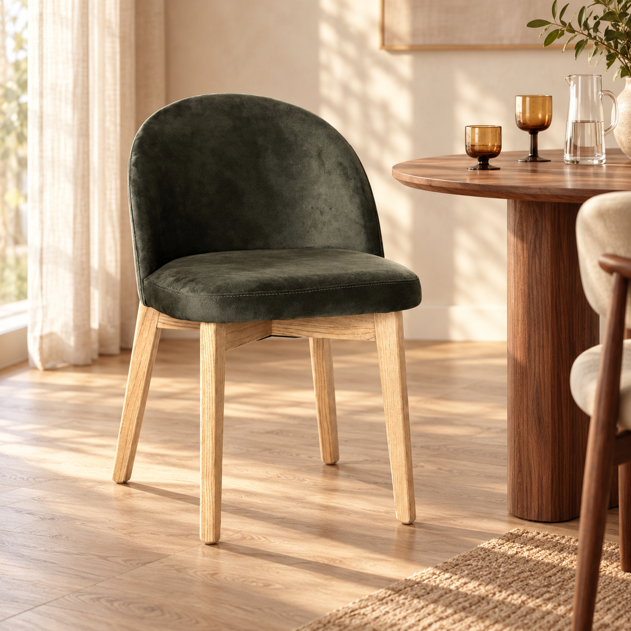 Luma Green Velvet Light Oak Leg Dining Chair (Crib 5) in a sunlit styled dining room