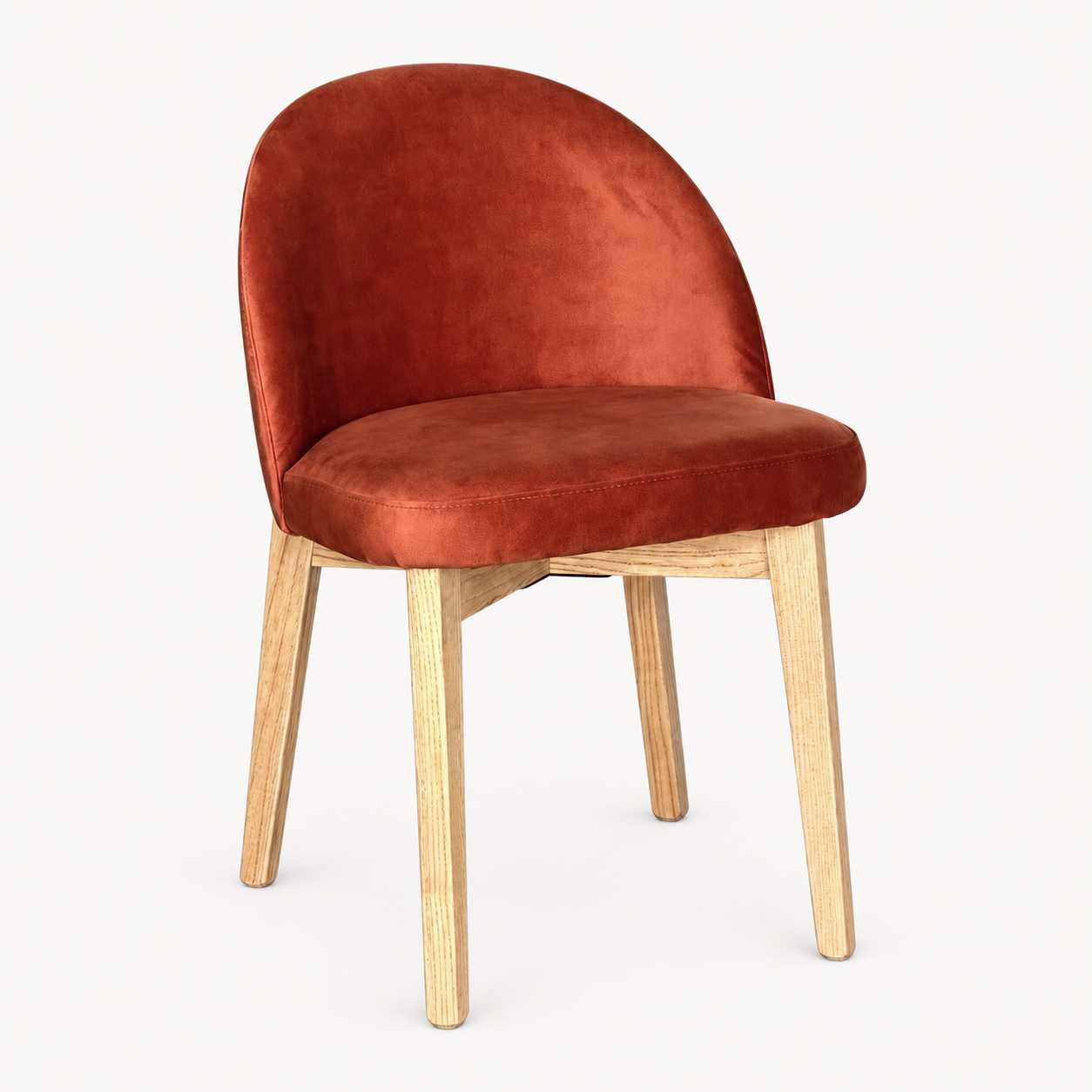 Luma Orange Rust Velvet Light Oak Leg Dining Chair (Crib 5) on a pale off-white studio background