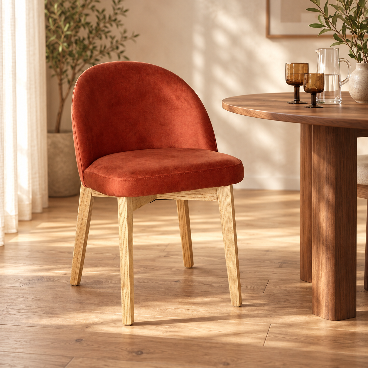 Luma Orange Rust Velvet Light Oak Leg Dining Chair (Crib 5) in a sunlit styled dining room