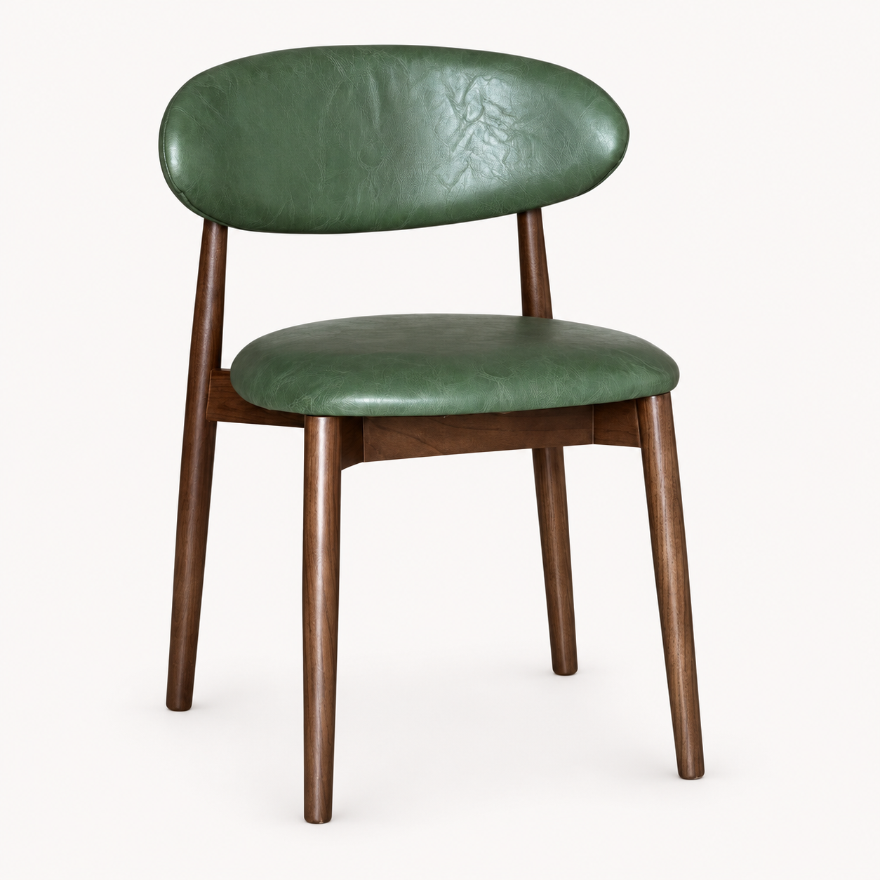 Elin Green Faux Leather Dark Oak Leg Dining Chair (Crib 5) on a pale off-white studio background