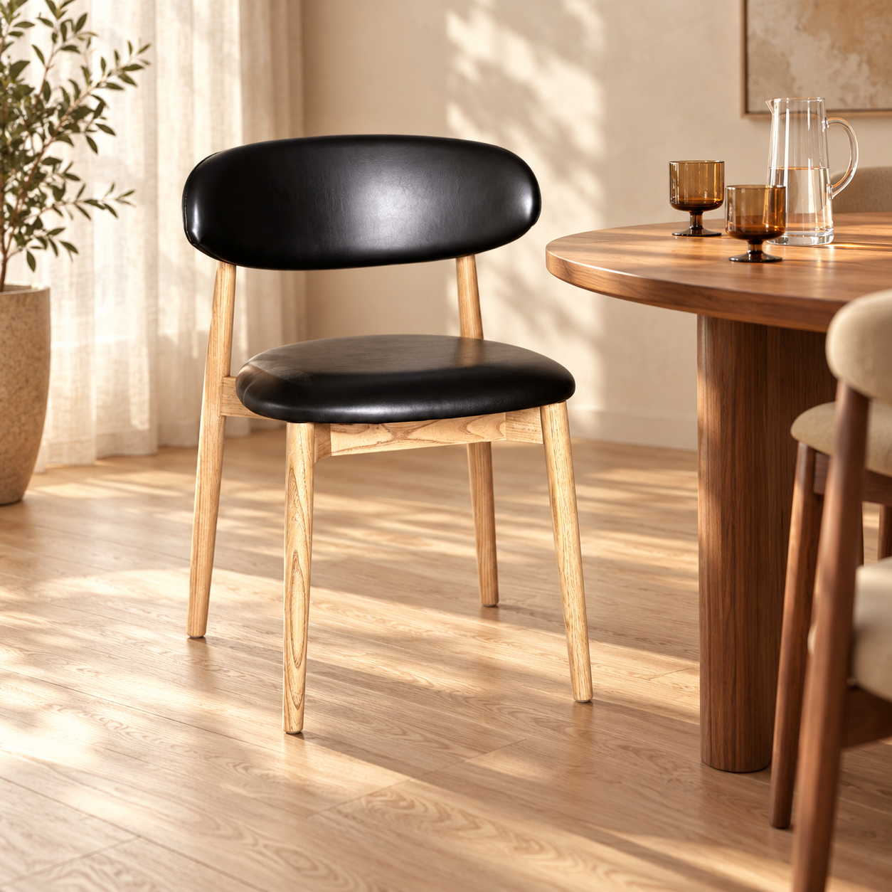 Elin Black Faux Leather Oak Dining Chair (Light Leg) in a sunlit styled dining room