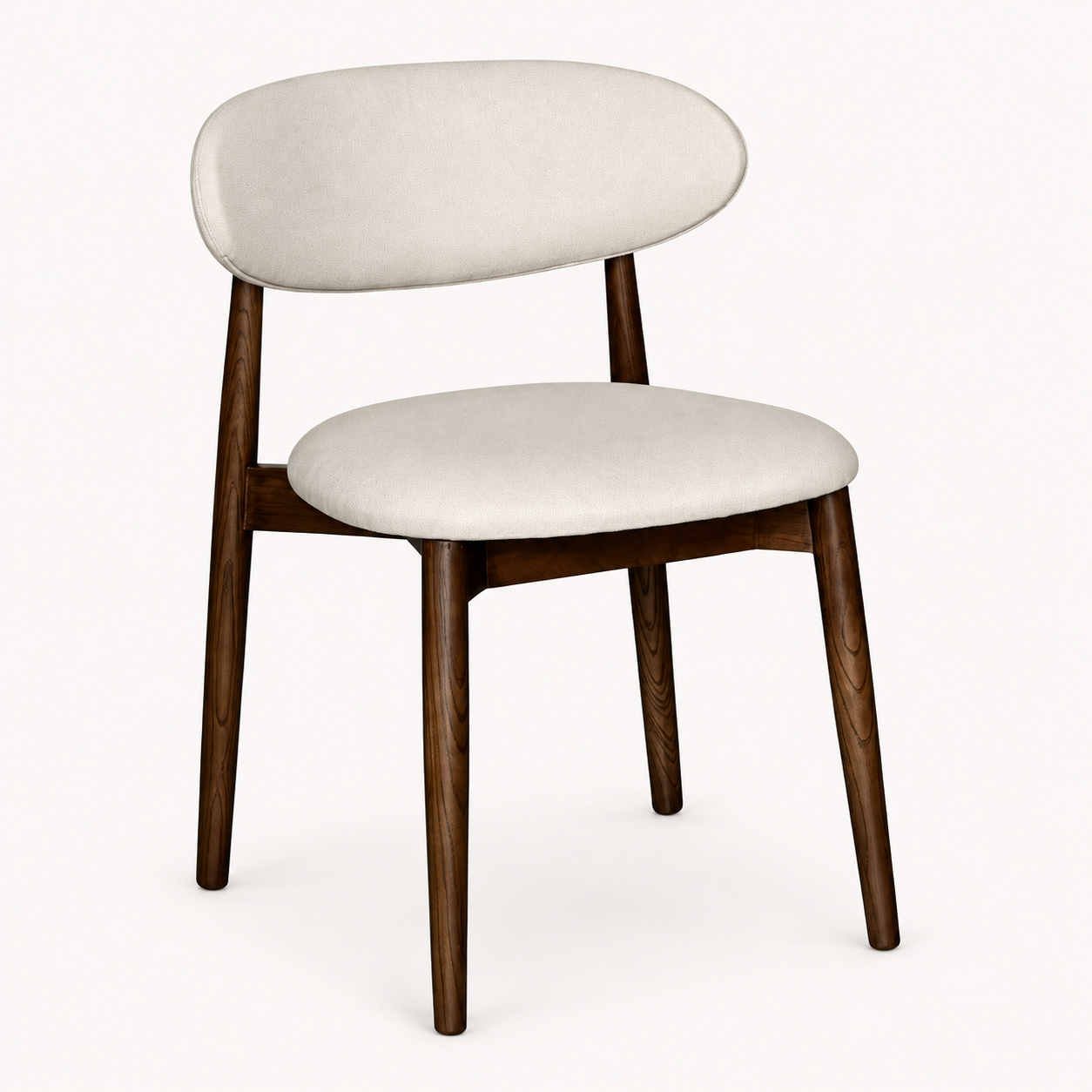 Elin Latte Fabric Dark Oak Leg Dining Chair on a pale off-white studio background