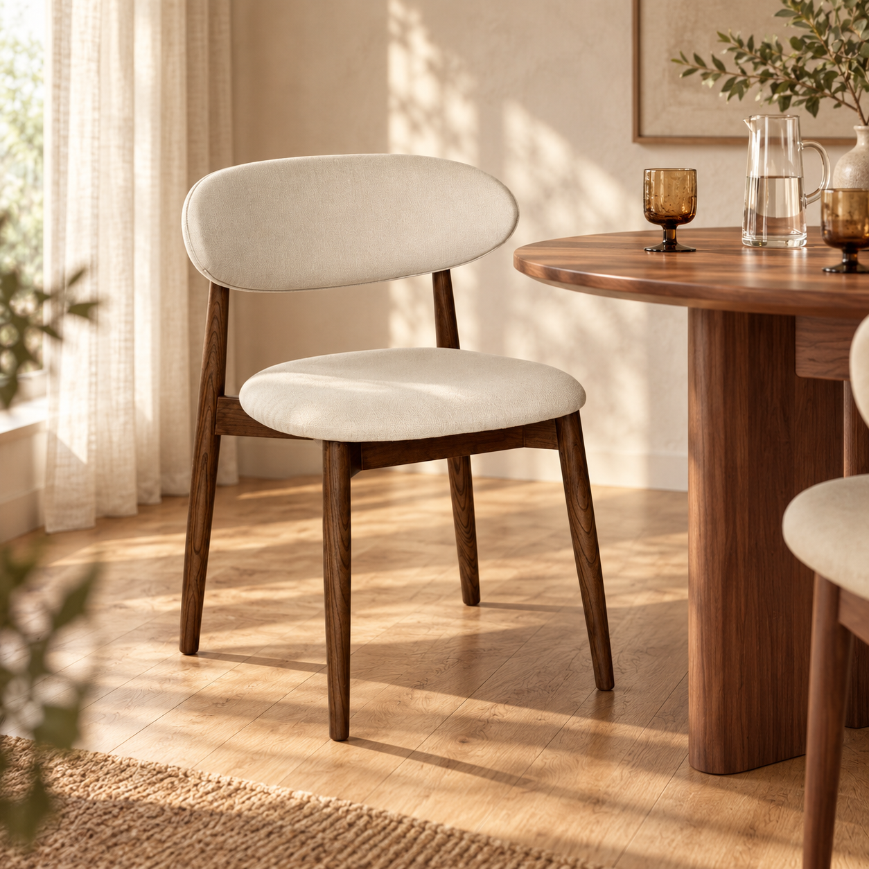 Elin Latte Fabric Dark Oak Leg Dining Chair in a sunlit styled dining room