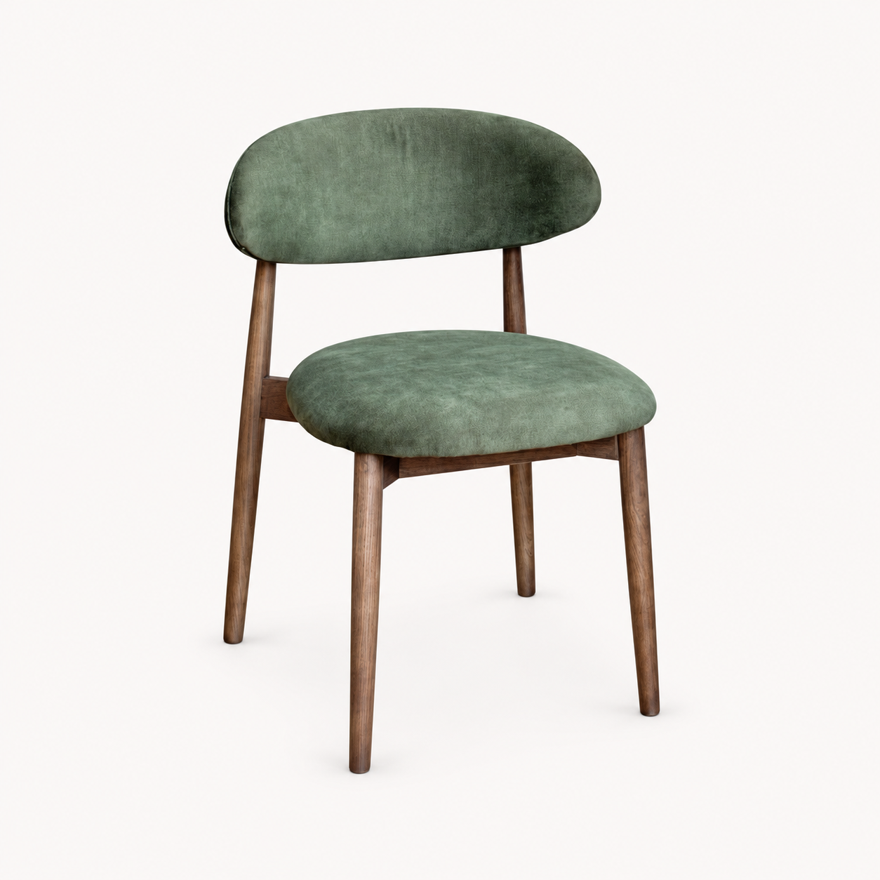 Elin Green Velvet Oak Dining Chair - Dark Leg on a pale off-white studio background