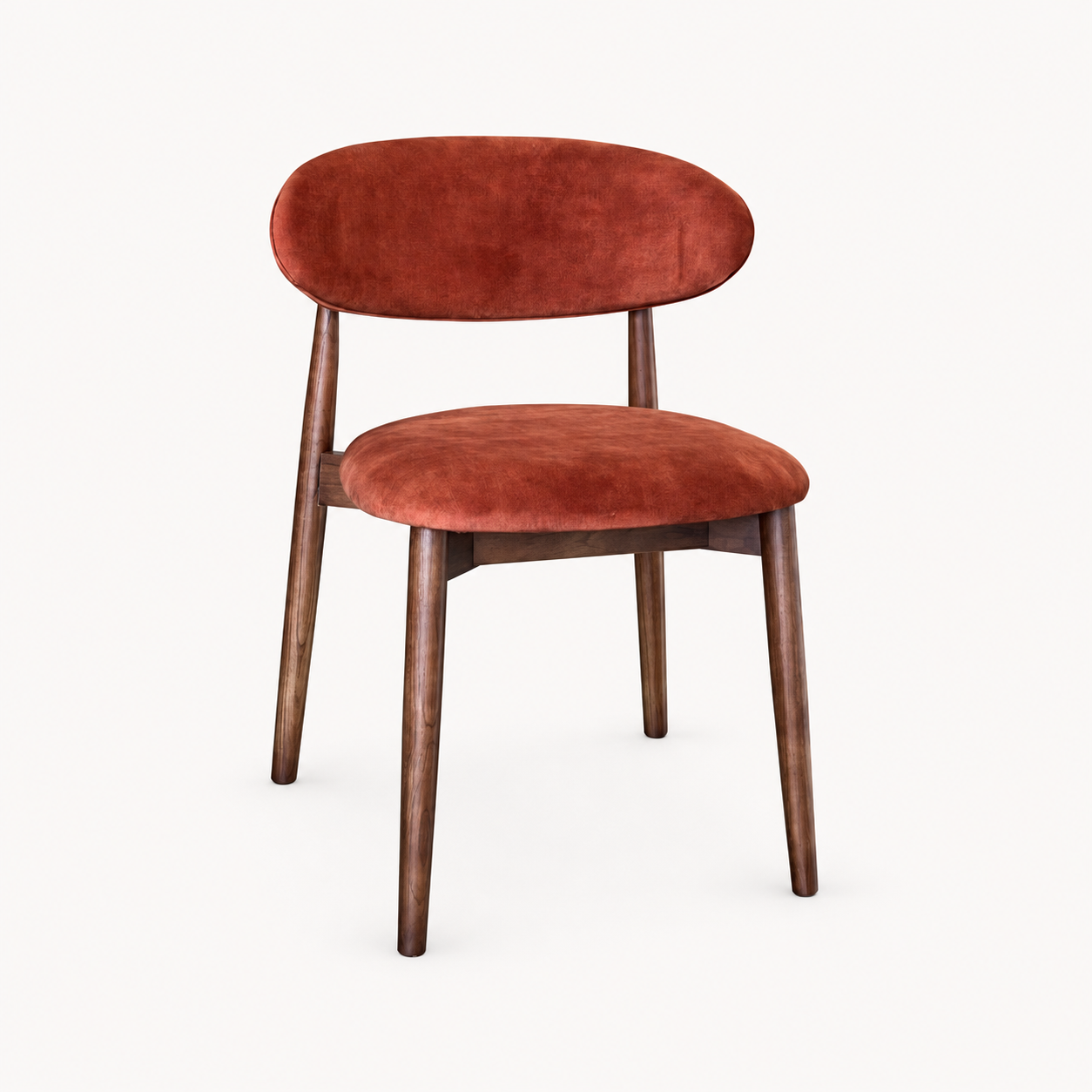 Elin Orange/Rust Velvet Oak Dining Chair - Dark Leg on a pale off-white studio background