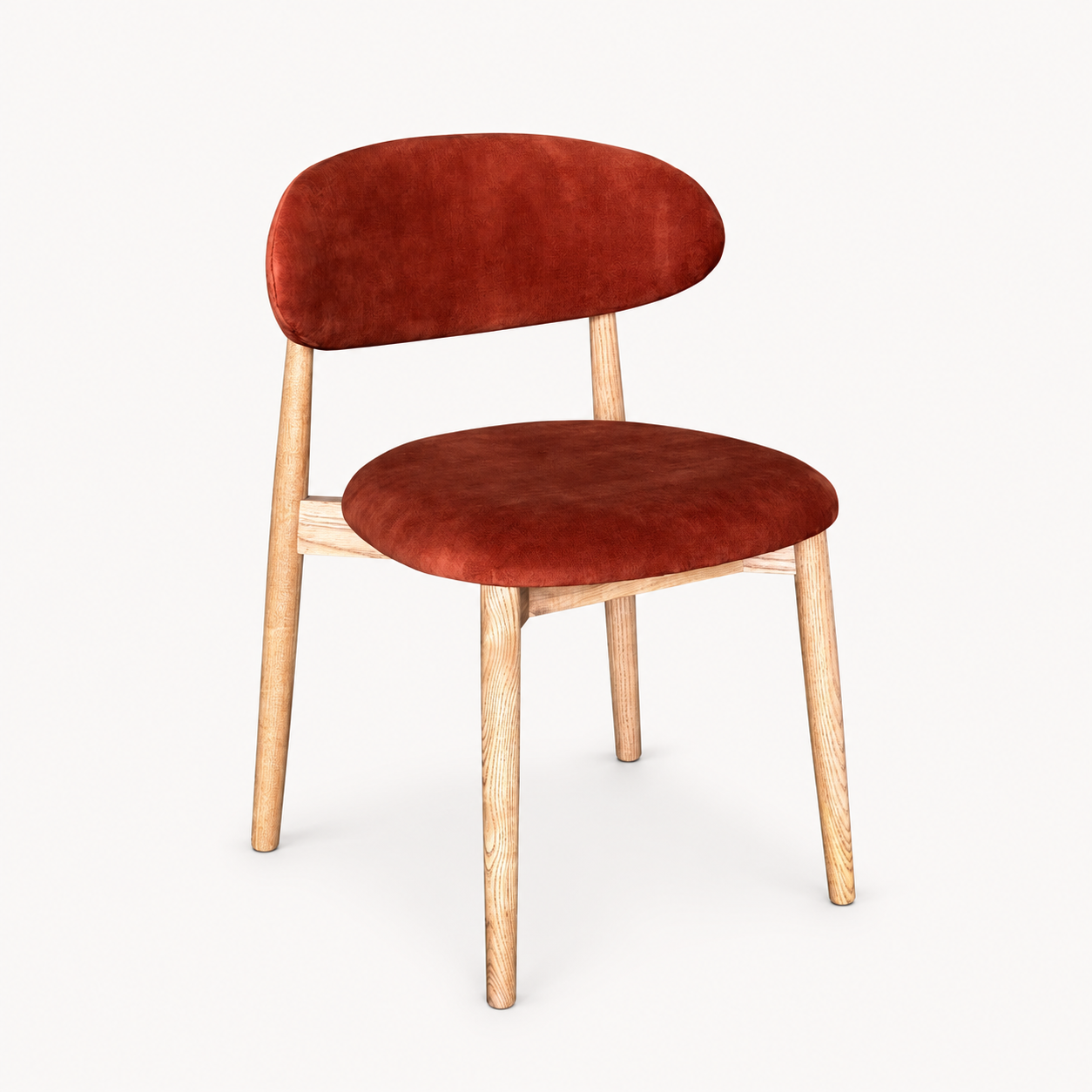 Elin Orange Rust Velvet Oak Dining Chair - Light Leg on a pale off-white studio background