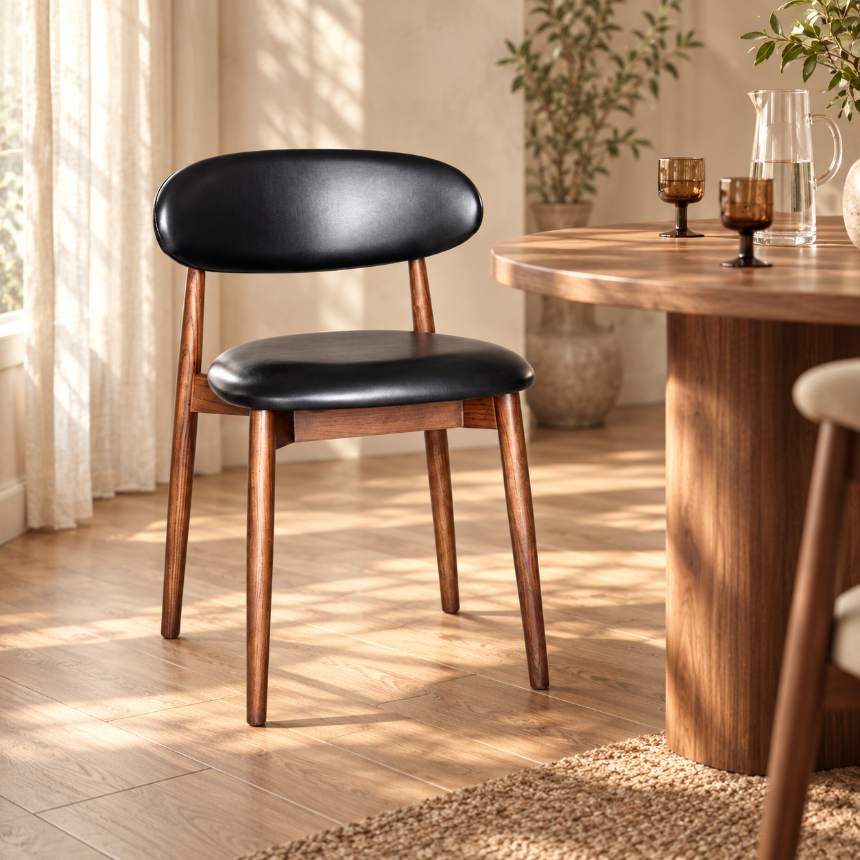 Elin Black Faux Leather Oak Dining Chair (Dark Leg) in a sunlit styled dining room