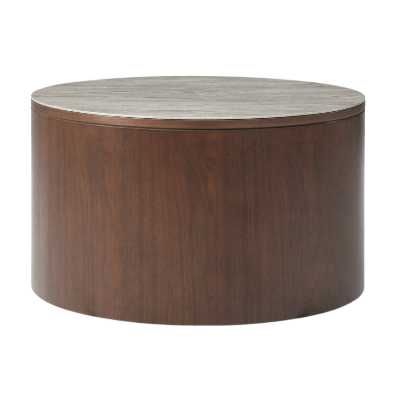 Willow Walnut Brown Wood & Grey Marble Round Coffee Table