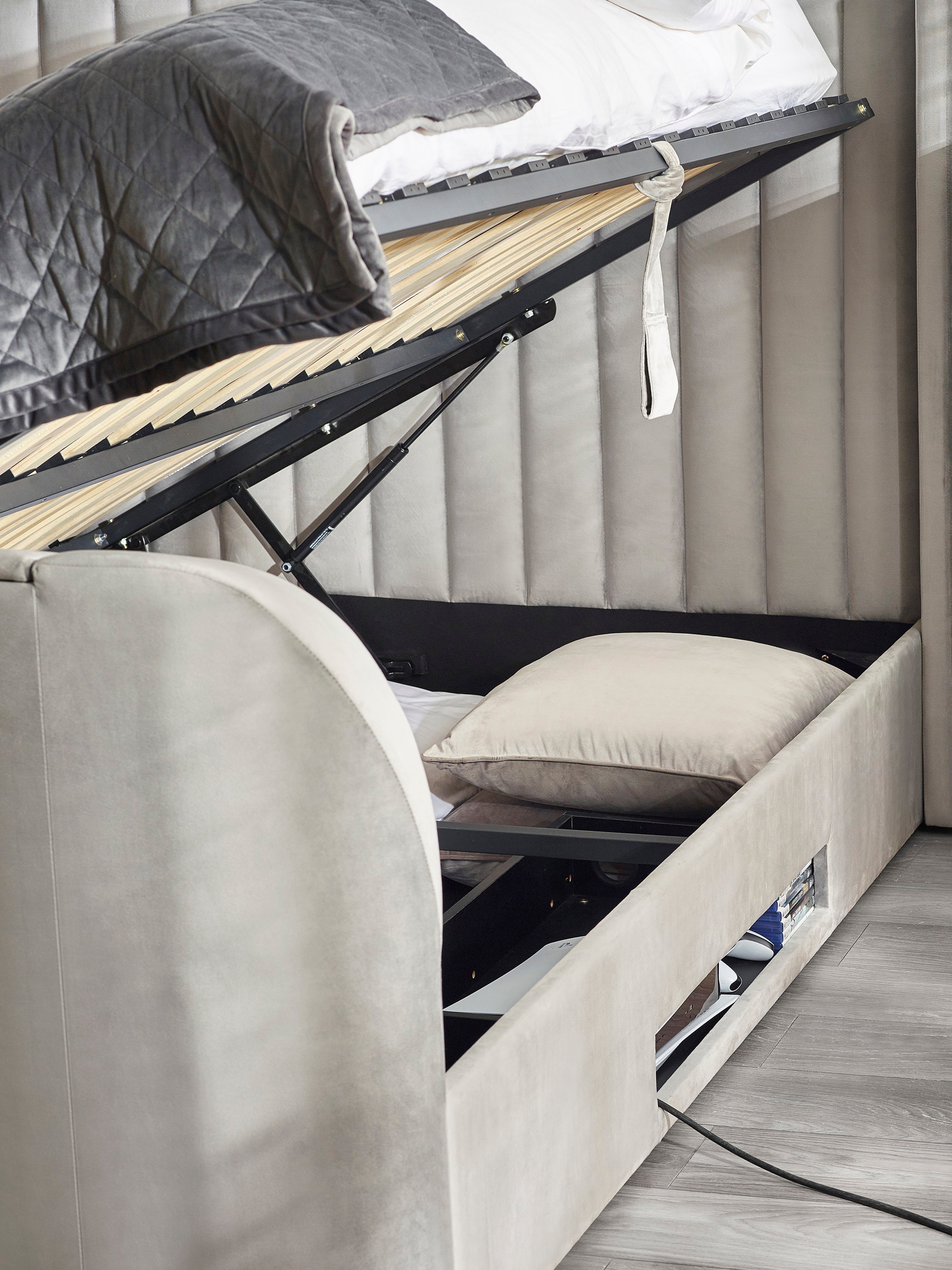 Alston Light Grey Velvet Ottoman TV Bed Double