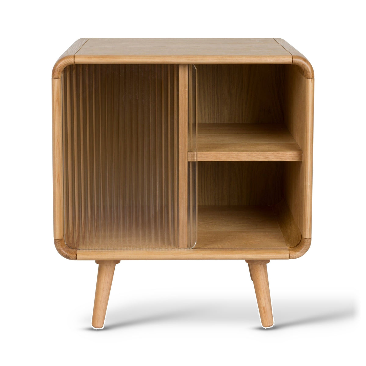 Zuiver Rise Natural Oak Wood & Ribbed Glass Bedside Table