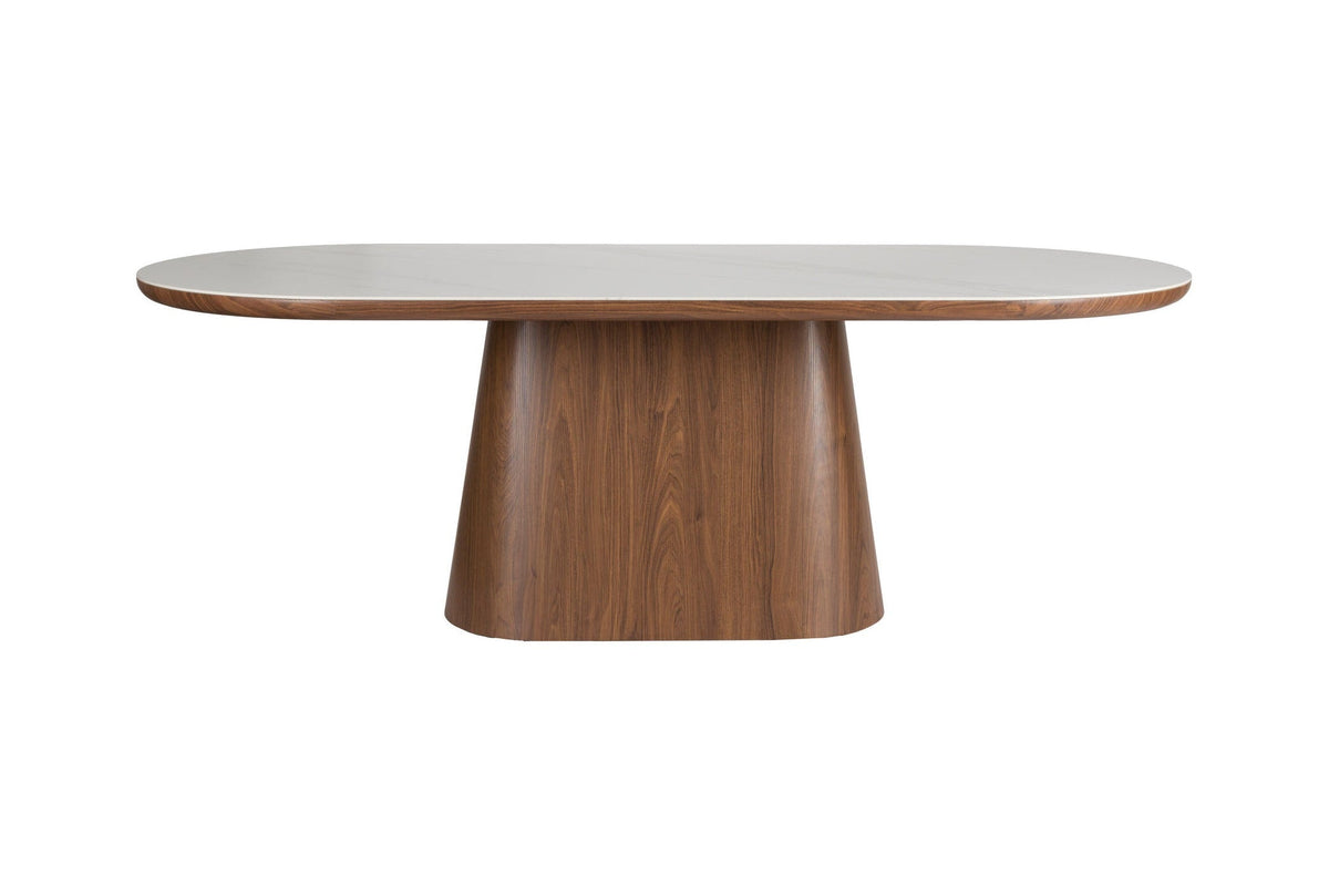 Almira Walnut Brown Oak Wood & White Marble Oval Dining Table 200cm