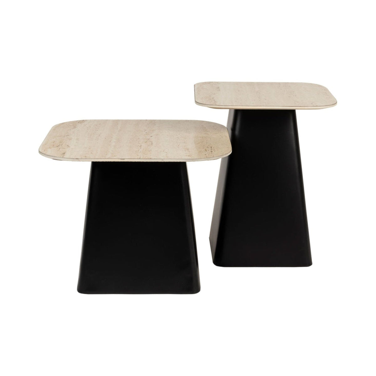 Set of 2 Baru Travertine & Black Side Tables Nest