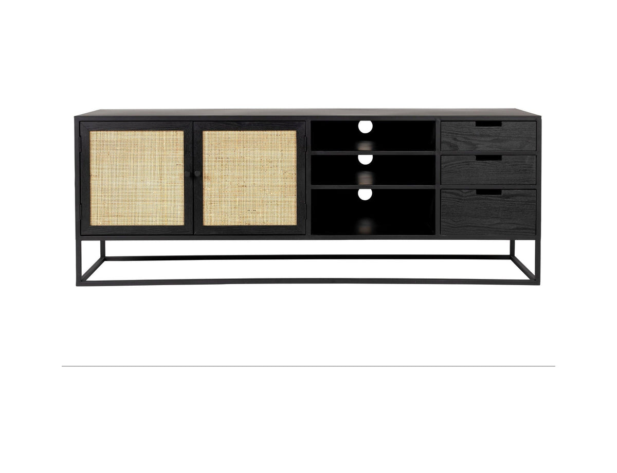 Guuji Black Wood & Natural Rattan TV Unit