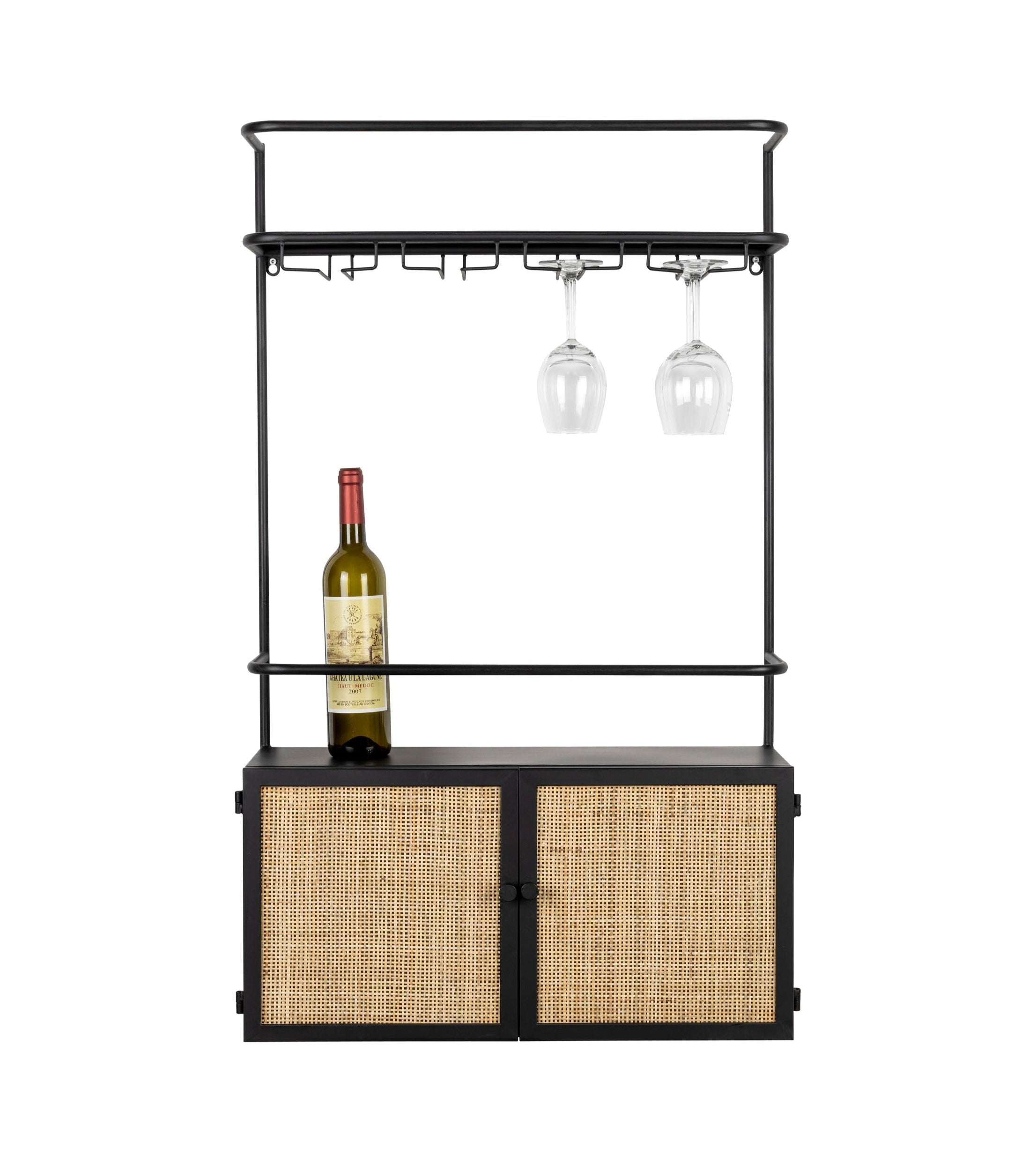Guuji Black Wood & Natural Rattan Wine Shelf
