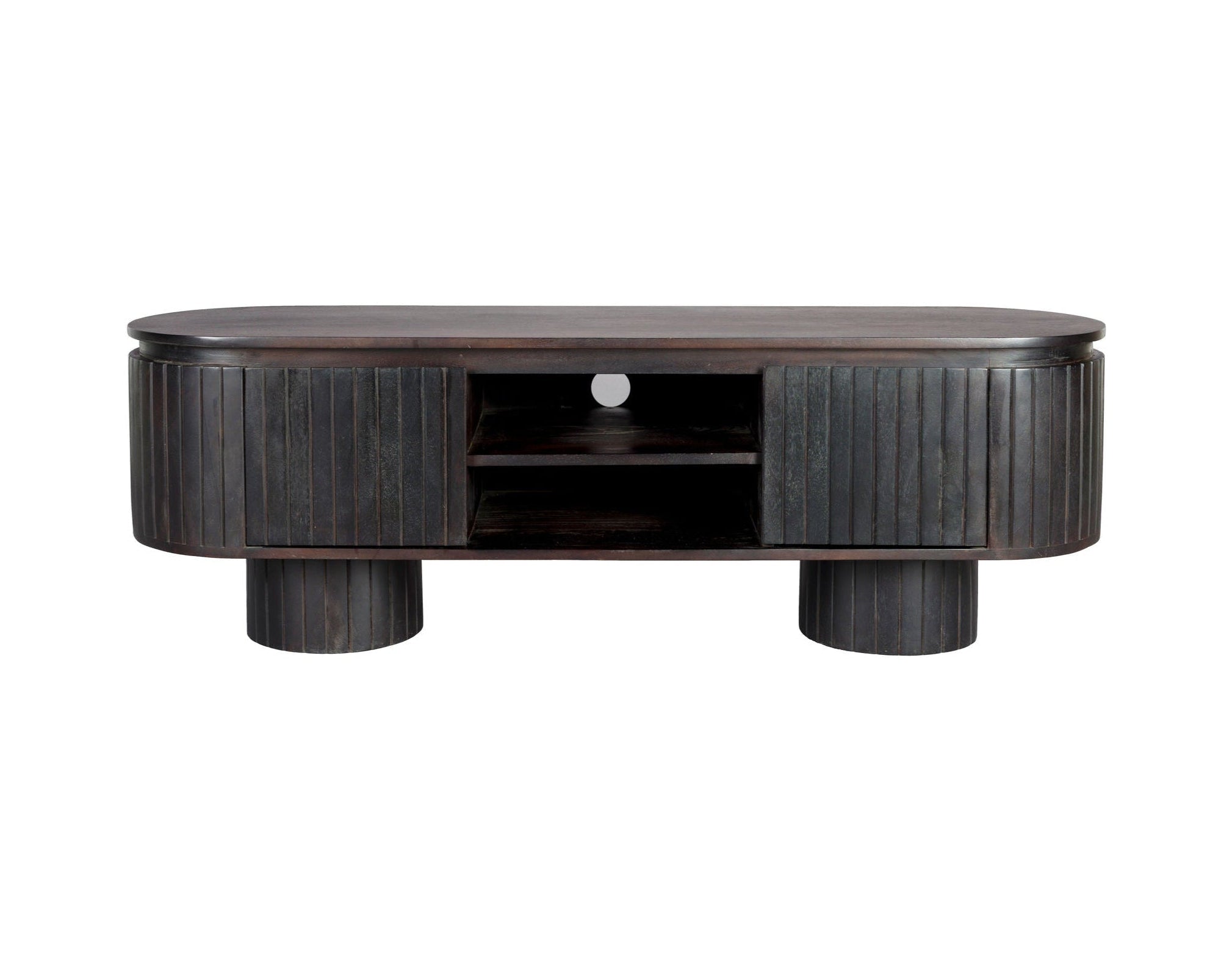 Dutchbone Kenji Slatted Dark Brown Rustic Wood Oval TV Unit