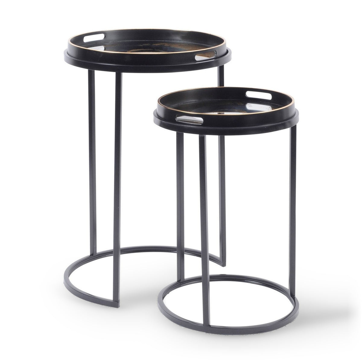 Set of 2 Gold Swirl Motif & Black Side Tables Nest