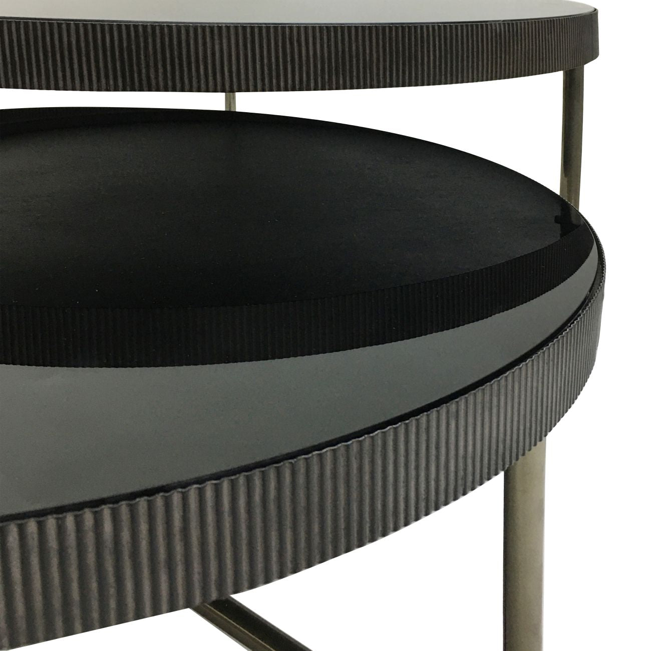 Set of 2 Knightsbridge Black Glass & Black Rustic Edge Round Coffee Tables Nest