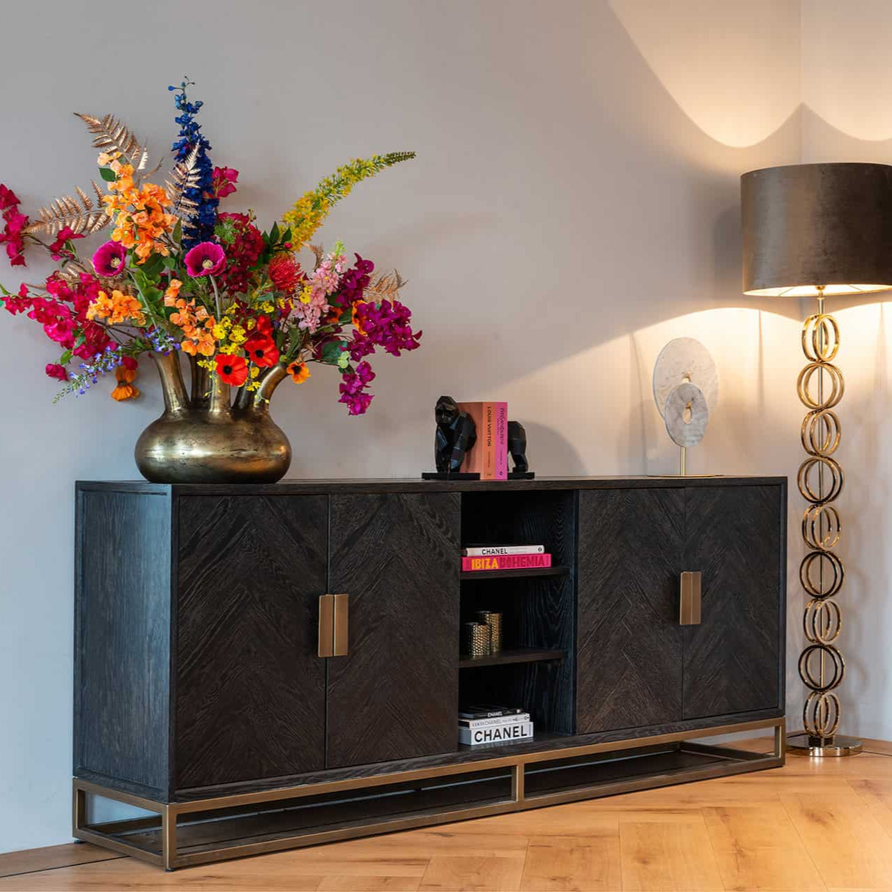 Sideboard Blackbone brass 4-doors  (Black rustic)