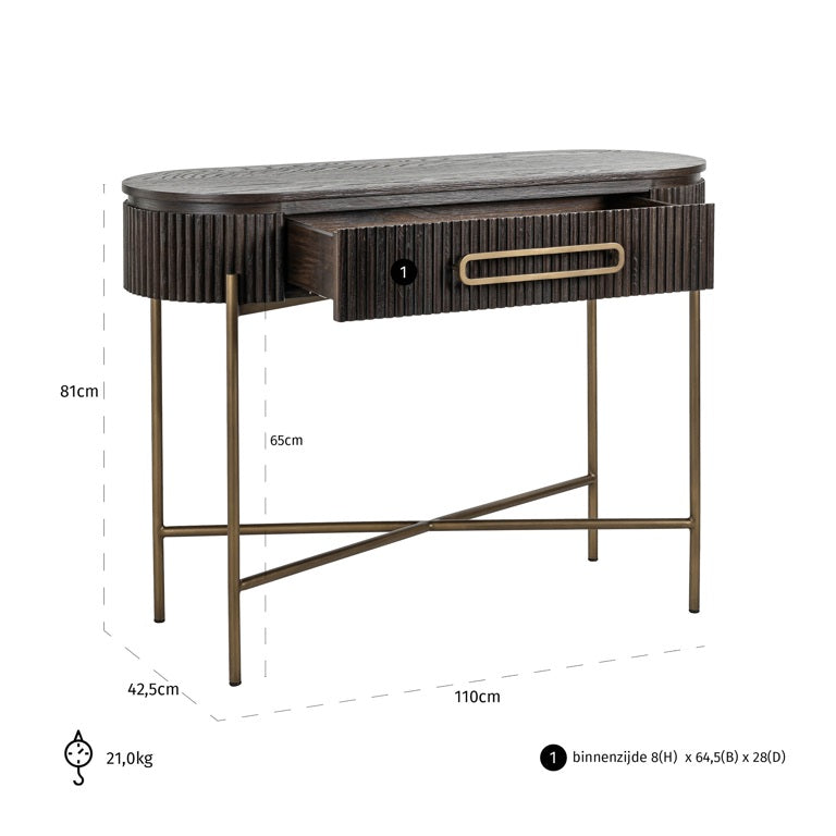 Richmond Interiors Luxor Dark Brown Ribbed Oak Wood & Gold Console Table
