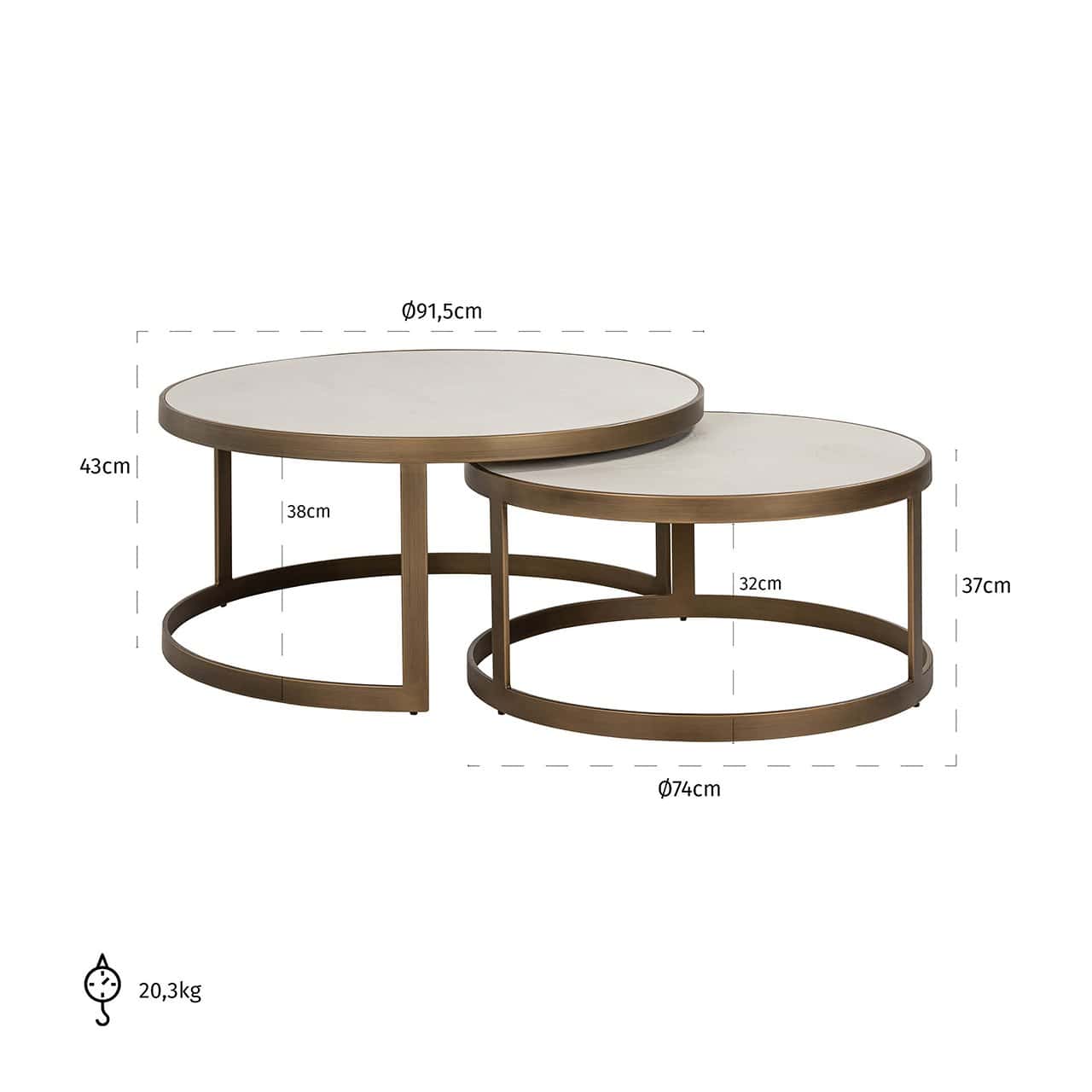 Coffee table Whitebone brass set of 2 (Verona Grey)